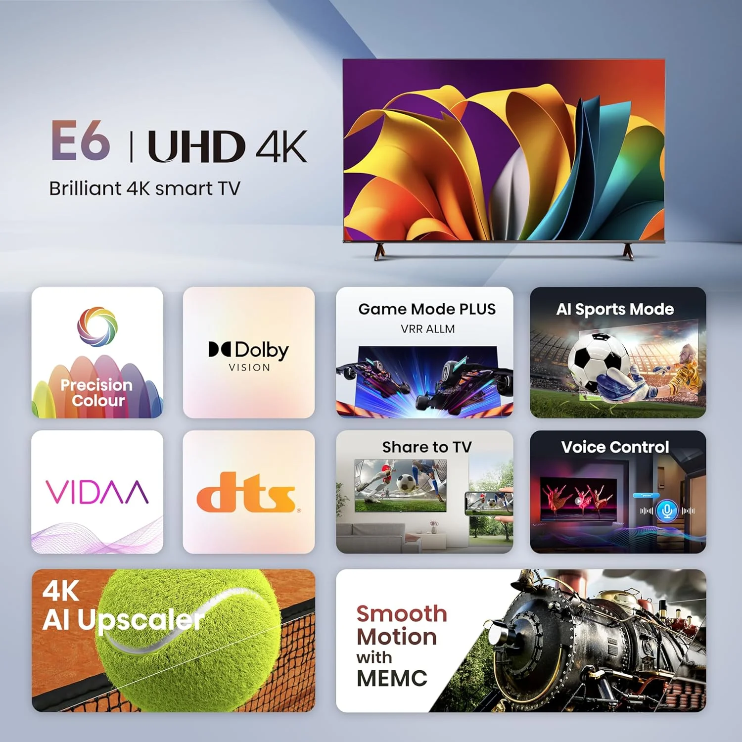تلویزیون هوشمند 75 اینچ هایسنس UHD 4K مدل E6N با Dolby Vision، حالت بازی پلاس، Smooth Motion با MEMC، حالت ورزشی AI، کنترل صوتی، اشتراک گذاری به تلویزیون، یوتیوب، نتفلیکس، دیزنی پلاس، شاهد و آنغامی، 75E6N (مدل امارات 2024)