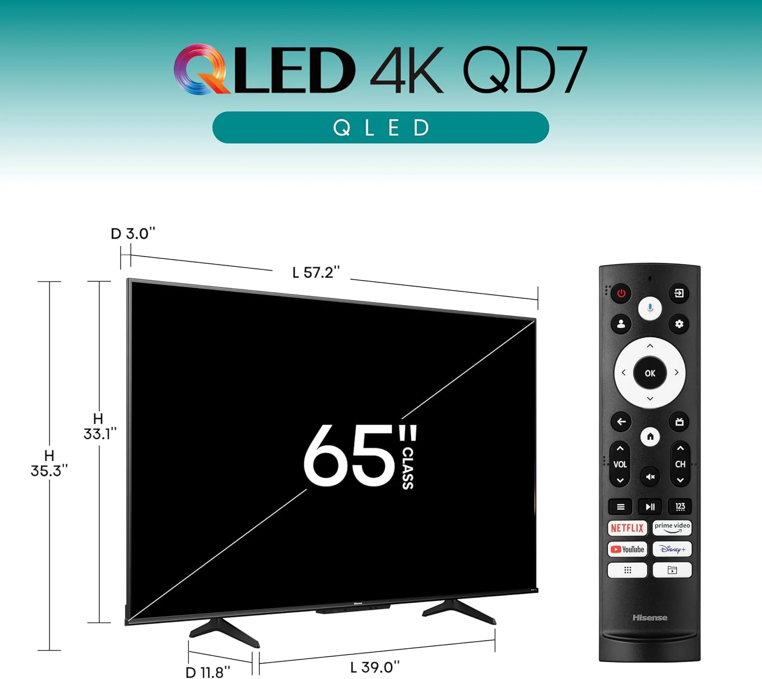 تلویزیون هوشمند 65 اینچی هایسنس سری QD7 مدل QLED 4K UHD Google (مدل 65QD7N، 2024) - QLED، نرخ نوسازی 144 هرتز، نرخ حرکت 240، Direct Full Array، حالت بازی حرفه ای، سازگاری با الکسا