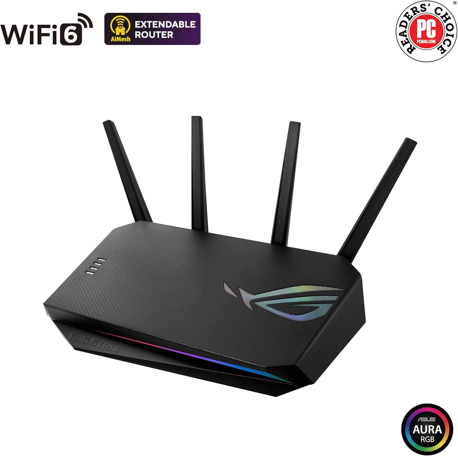 روتر گیمینگ ASUS ROG Strix AX5400 WiFi 6 (GS-AX5400) - پورت اختصاصی گیمینگ، VPN Fusion، امنیت اینترنت رایگان مادام العمر، Instant Guard، AiMesh، Adaptive QoS، Port Forwarding، Aura RGB