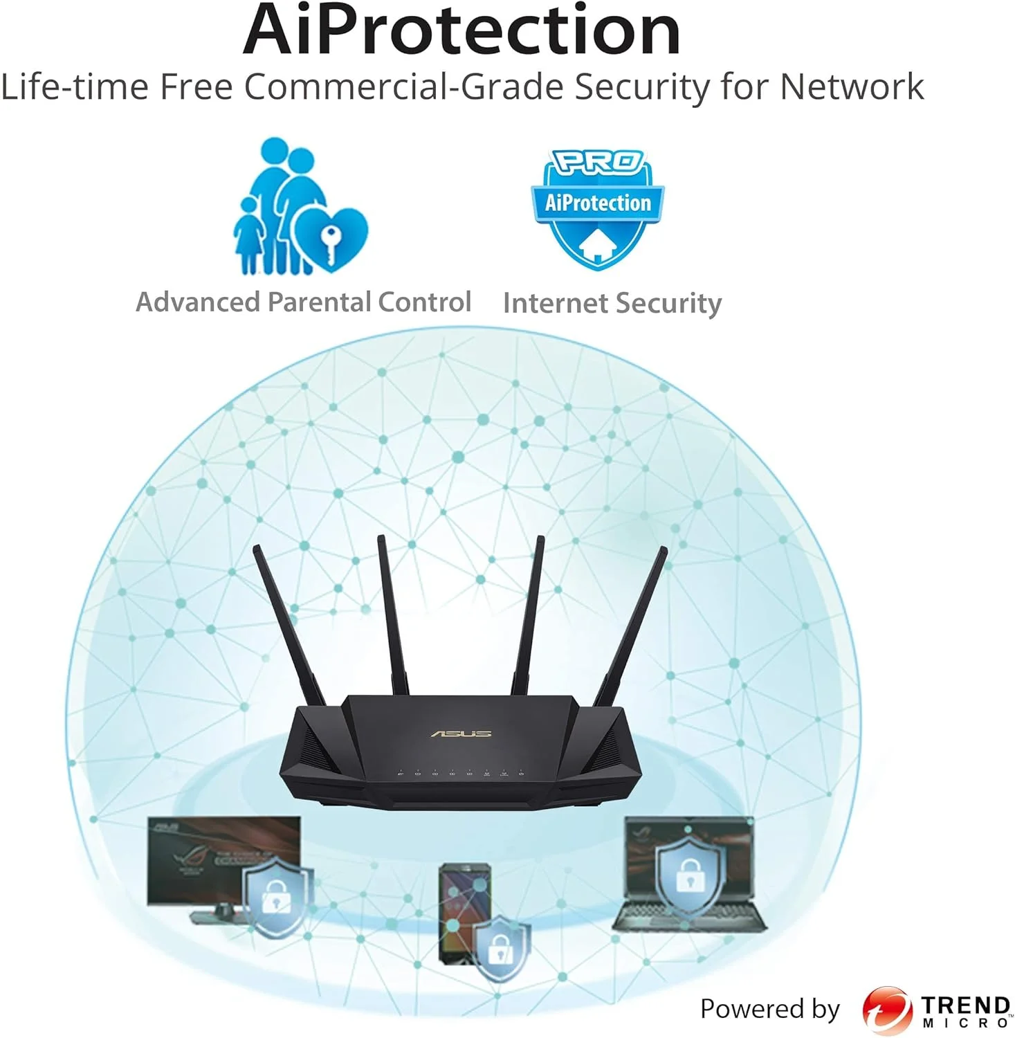 روتر ASUS AX3000 دو بانده نسل جدید WiFi 6 (802.11ax) با فناوری MU-MIMO و OFDMA، با امنیت شبکه AiProtection Pro مجهز به Trend Micro™، سازگار با سیستم ASUS AiMesh WiFi مدل RT-AX58U روتر ASUS AX3000 دو بانده نسل جدید WiFi 6 (802.11ax) با فناوری MU-MIMO و OFDMA، با امنیت شبکه AiProtection Pro مجهز به Trend Micro™، سازگار با سیستم ASUS AiMesh WiFi مدل RT-AX58U
