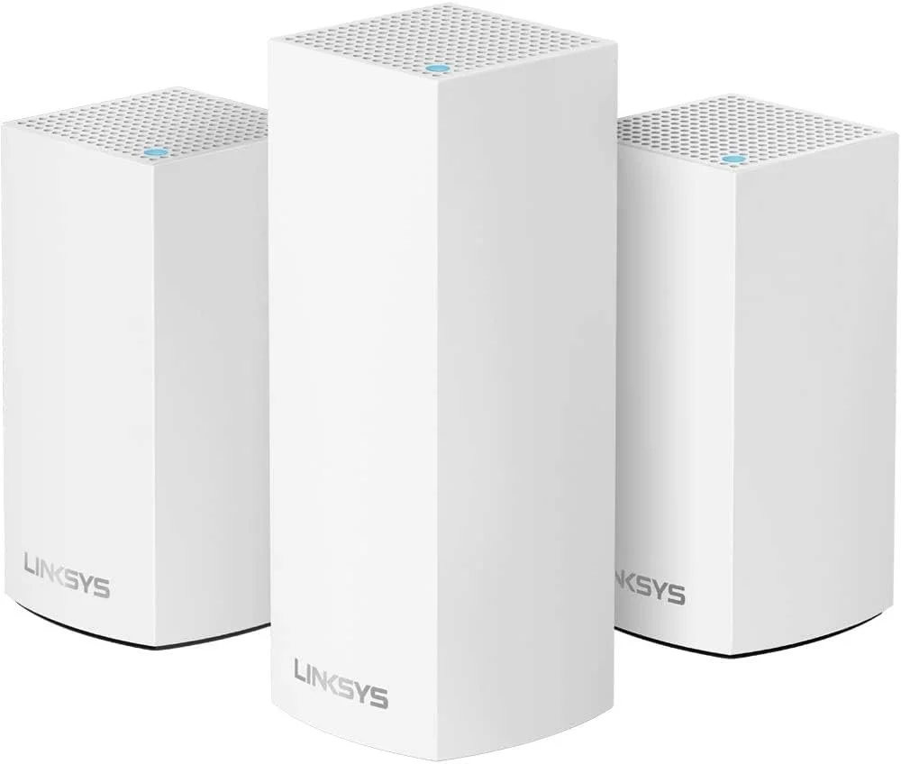 بسته سیستم وای-فای مش خانگی Linksys WHW0203 Velop (ترکیب دو/سه بانده) - روتر وای-فای/تقویت کننده وای-فای برای شبکه مش کل خانه (بسته 3 عددی، سفید)
