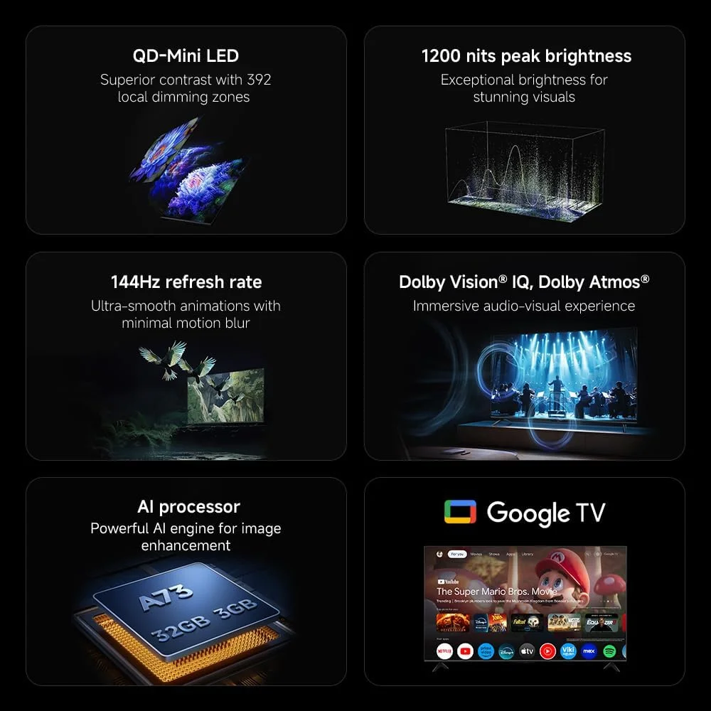 تلویزیون شیائومی S Mini LED 65 اینچ 2025 | نمایشگر روشن 4K QD-MiniLED با رنگ دقیق | نرخ تازه‌سازی 144 هرتز | روکش فلزی ممتاز با طراحی فوق‌العاده باریک | موتور هوش مصنوعی قدرتمند برای بهبود تصویر