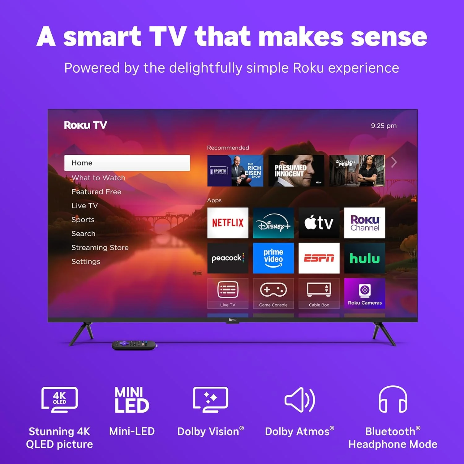 تلویزیون هوشمند روکو 2025 – سری پلاس 55 اینچی، تلویزیون مینی ال ای دی – RokuTV با ریموت کنترل صوتی پیشرفته – تلویزیون 4K QLED صفحه تخت با Dolby Vision و Wi-Fi برای استریم اخبار زنده محلی و ورزشی