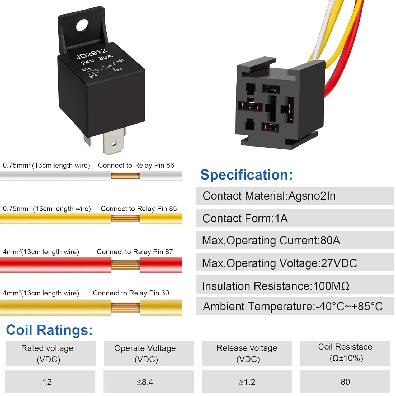 رله 24 ولت JD2912 80 آمپر با سیم، 4 پین SPST نرمال باز، مدل رله خودرو 4 سیم، برای خودرو، ماشین، قایق (1 عدد)