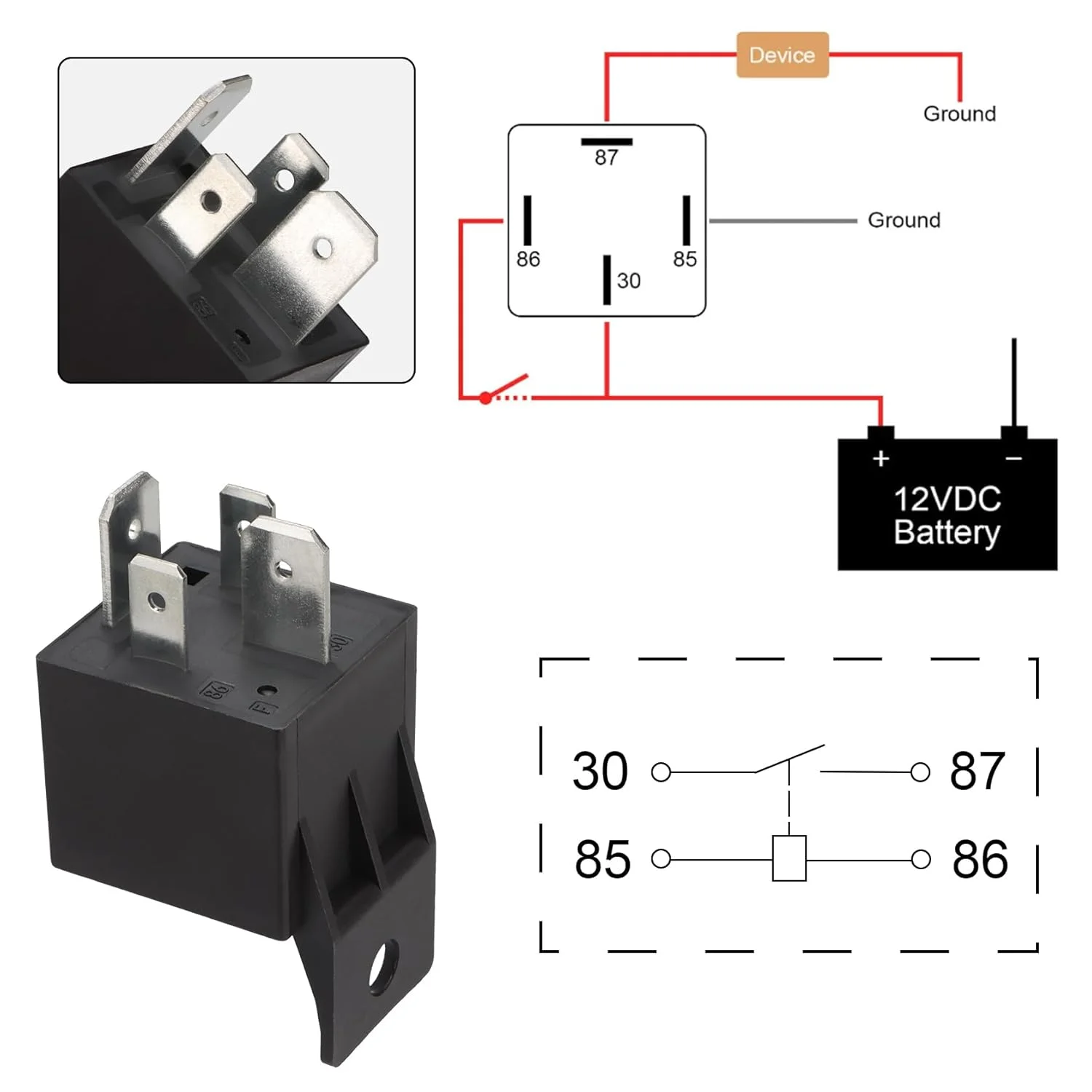 رله 24 ولت JD2912 80 آمپر با سیم، 4 پین SPST نرمال باز، مدل رله خودرو 4 سیم، برای خودرو، ماشین، قایق (1 عدد)