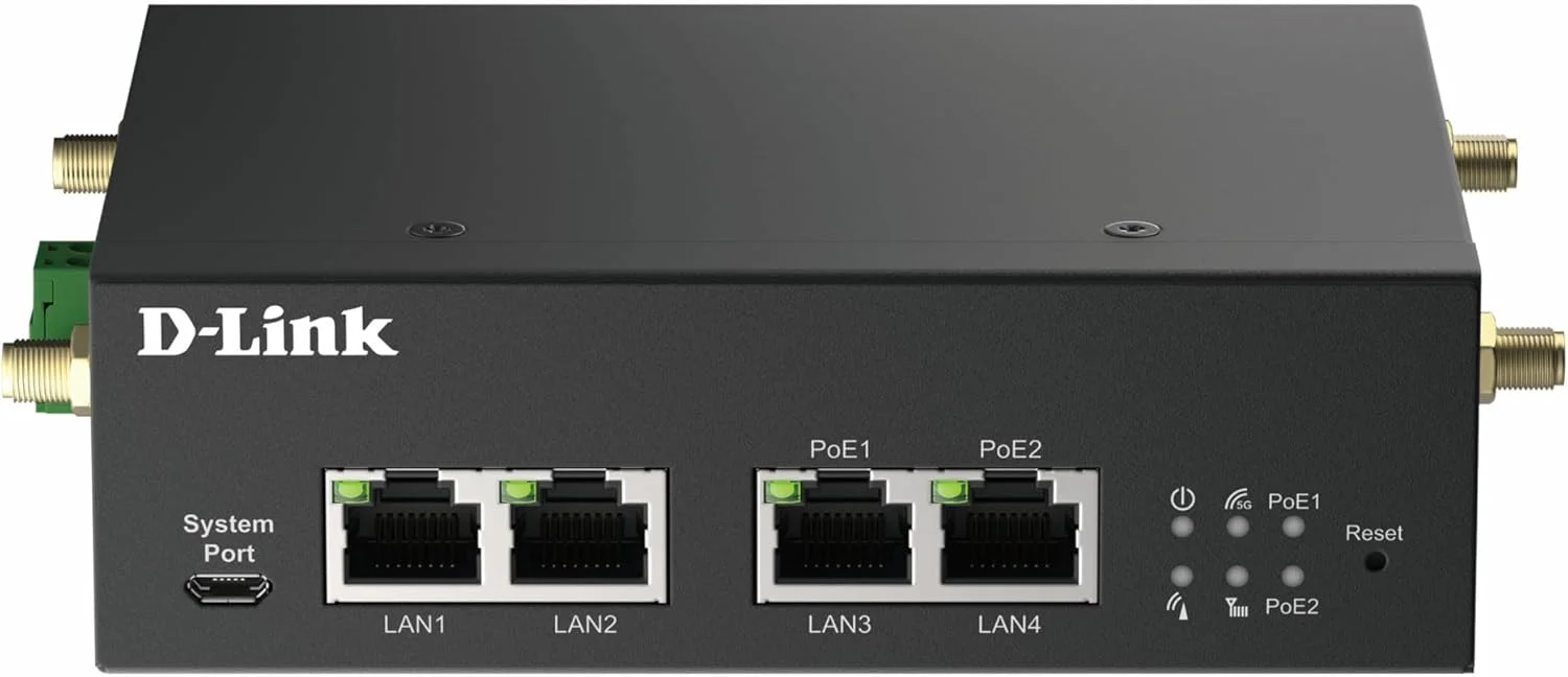 مودم روتر صنعتی 5G دی-لینک DWM-314-GP، VPN، M2M، PoE، NR Robust، دو سیم کارت، درگاه IoT، نظارت از راه دور، SA، NSA، 4G LTE Cat 19، 4 پورت GbE، OpenVPN/WireGuard Client، 48-57V DC