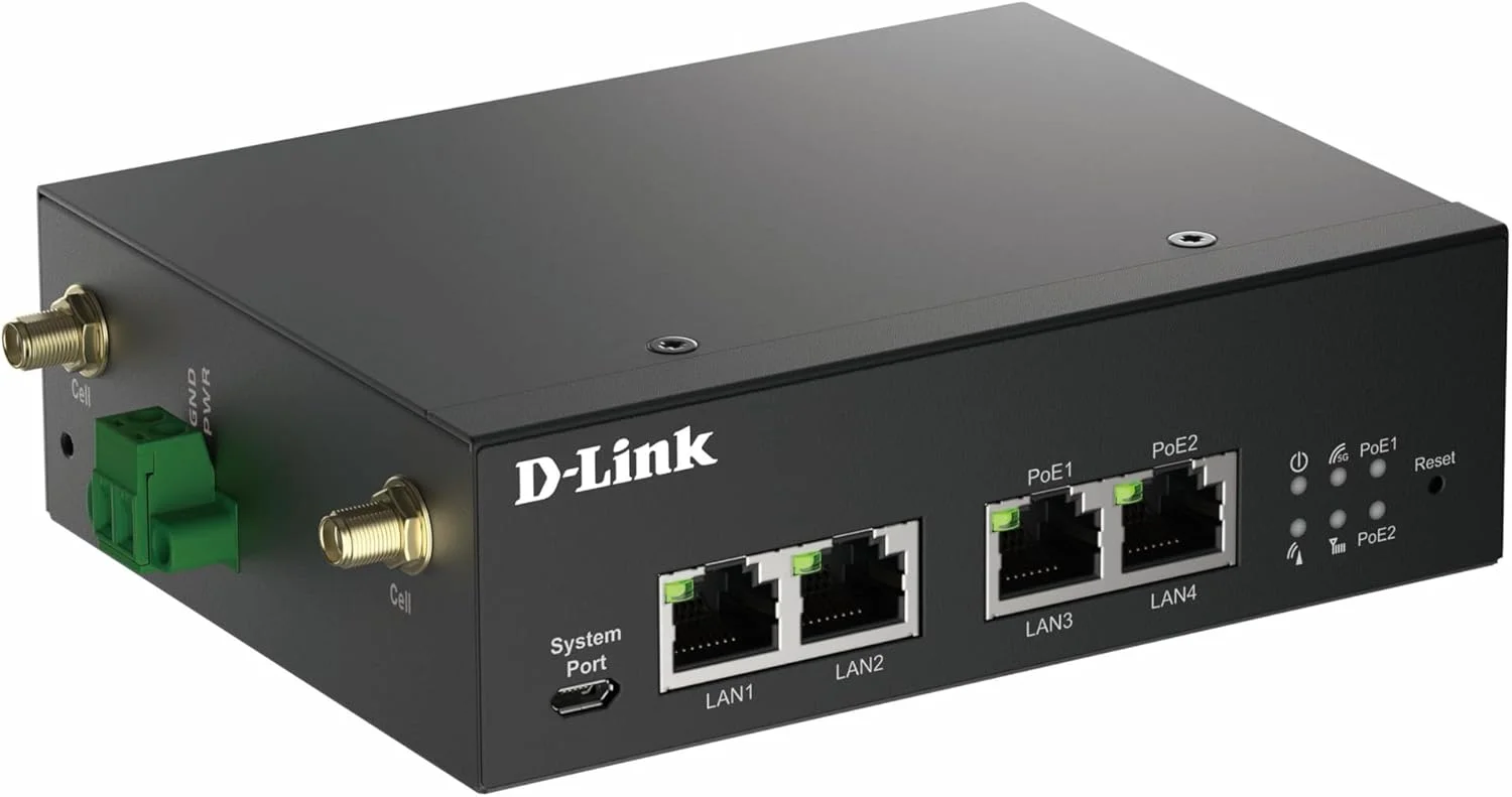 مودم روتر صنعتی 5G دی-لینک DWM-314-GP، VPN، M2M، PoE، NR Robust، دو سیم کارت، درگاه IoT، نظارت از راه دور، SA، NSA، 4G LTE Cat 19، 4 پورت GbE، OpenVPN/WireGuard Client، 48-57V DC