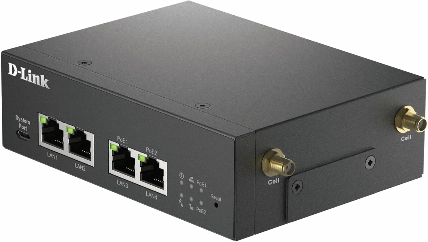 مودم روتر صنعتی 5G دی-لینک DWM-314-GP، VPN، M2M، PoE، NR Robust، دو سیم کارت، درگاه IoT، نظارت از راه دور، SA، NSA، 4G LTE Cat 19، 4 پورت GbE، OpenVPN/WireGuard Client، 48-57V DC