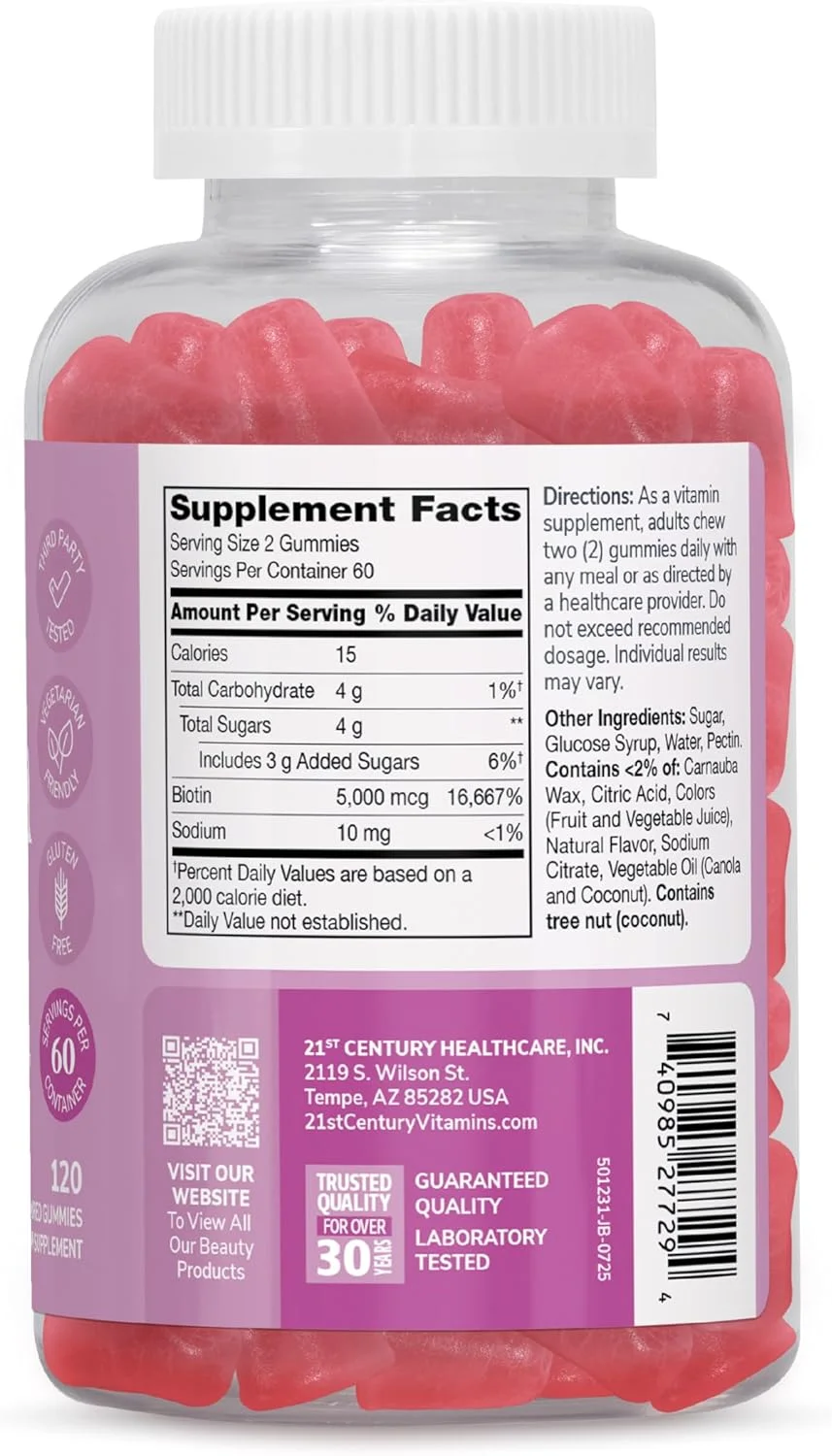 پاستیل ویتامین بیوتین 2500 میکروگرم VitaJoy قرن 21 - 60 عدد | پشتیبانی از مو، پوست و ناخن | طعم توت فرنگی | با منبع طبیعی | بدون گلوتن، بدون مخمر و بدون ژلاتین