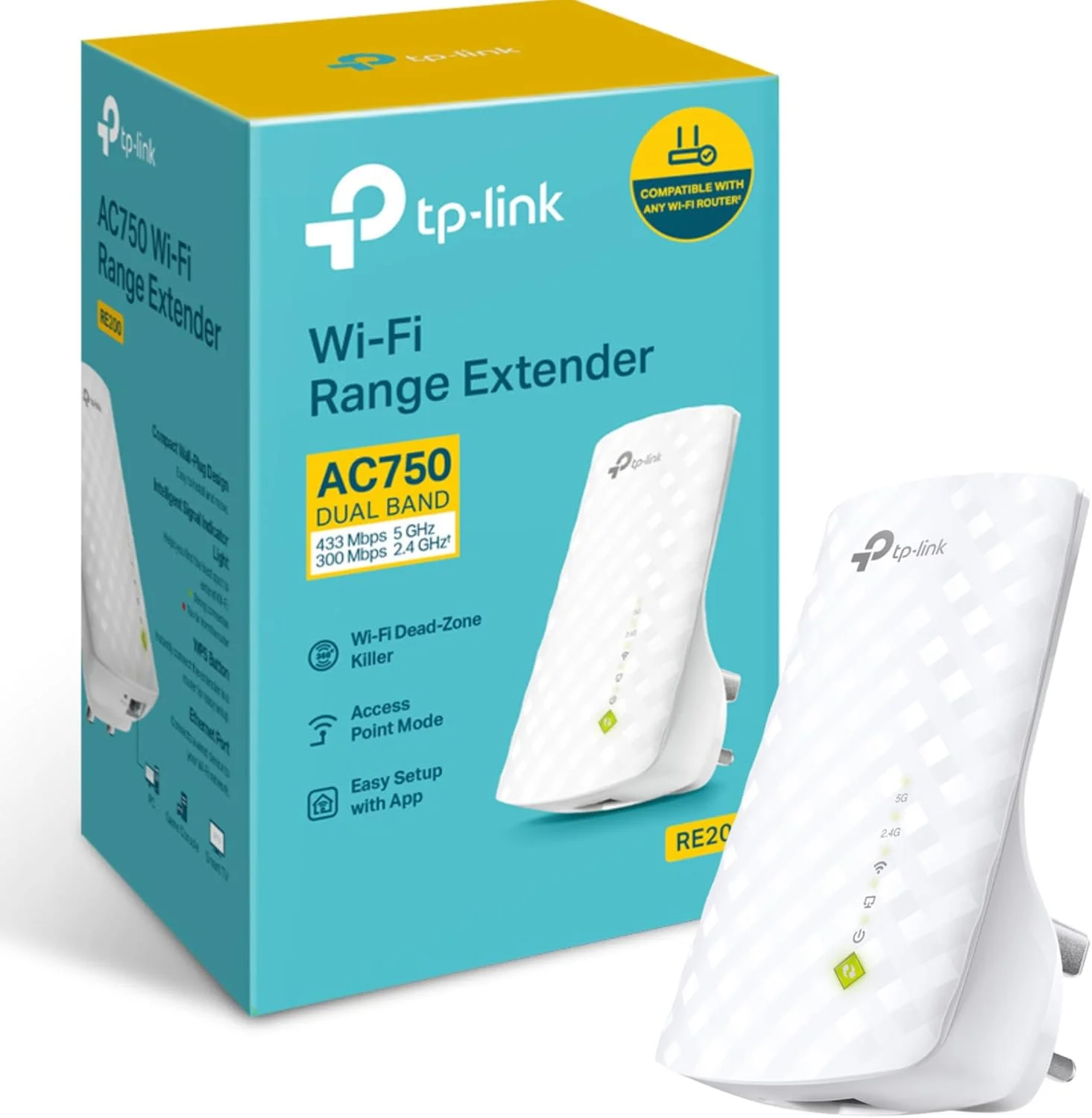 تقویت کننده محدوده بی سیم دو بانده TP-Link RE200 AC750، توسعه دهنده پهنای باند/Wi-Fi، تقویت کننده/نقطه اتصال Wi-Fi با پورت اترنت، اتصال آسان، نشانگر سیگنال هوشمند، دوشاخه UK