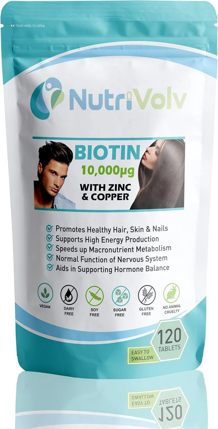 بیوتین برای رشد مو 10000 میکروگرم با زینک و مس، قرص های زیبایی با حداکثر قدرت، بهترین مکمل برای رشد مو، پوست درخشان، ناخن های قوی و متابولیسم | 120 قرص