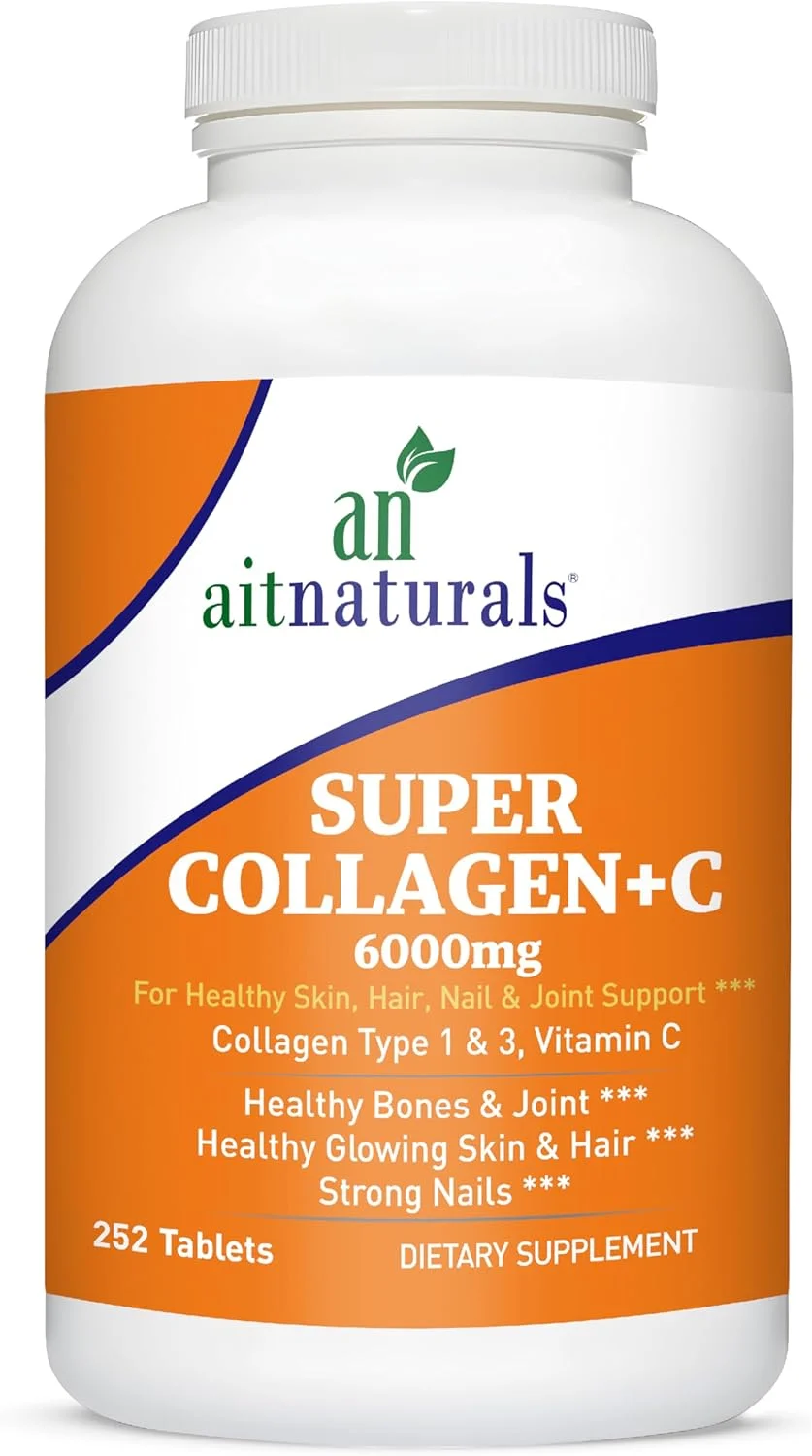 آیت نچرالز سوپر کلاژن با ویتامین C (6000 میلی گرم) - 252 قرص | کلاژن گاوی هیدرولیز شده نوع I و III برای حمایت از مو، پوست، ناخن، استخوان ها و مفاصل | غیر GMO، بدون گلوتن، حلال آیت نچرالز سوپر کلاژن با ویتامین C (6000 میلی گرم) - 252 قرص | کلاژن گاوی هیدرولیز شده نوع I و III برای حمایت از مو، پوست، ناخن، استخوان ها و مفاصل | غیر GMO، بدون گلوتن، حلال