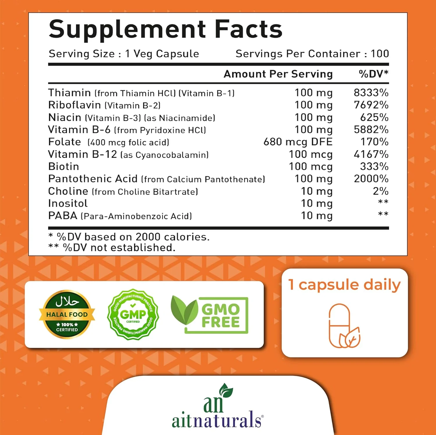 آیت نچرالز ویتامین B-100 (100 کپسول) | کمپلکس غنی شده B (B1، B2، B3، B5، B6، B7، B9 و B12) برای تولید انرژی، خلق و خو و نشاط، پشتیبانی از سیستم ایمنی، مو، پوست، ناخن های سالم و عملکرد شناختی آیت نچرالز ویتامین B-100 (100 کپسول) | کمپلکس غنی شده B (B1، B2، B3، B5، B6، B7، B9 و B12) برای تولید انرژی، خلق و خو و نشاط، پشتیبانی از سیستم ایمنی، مو، پوست، ناخن های سالم و عملکرد شناختی