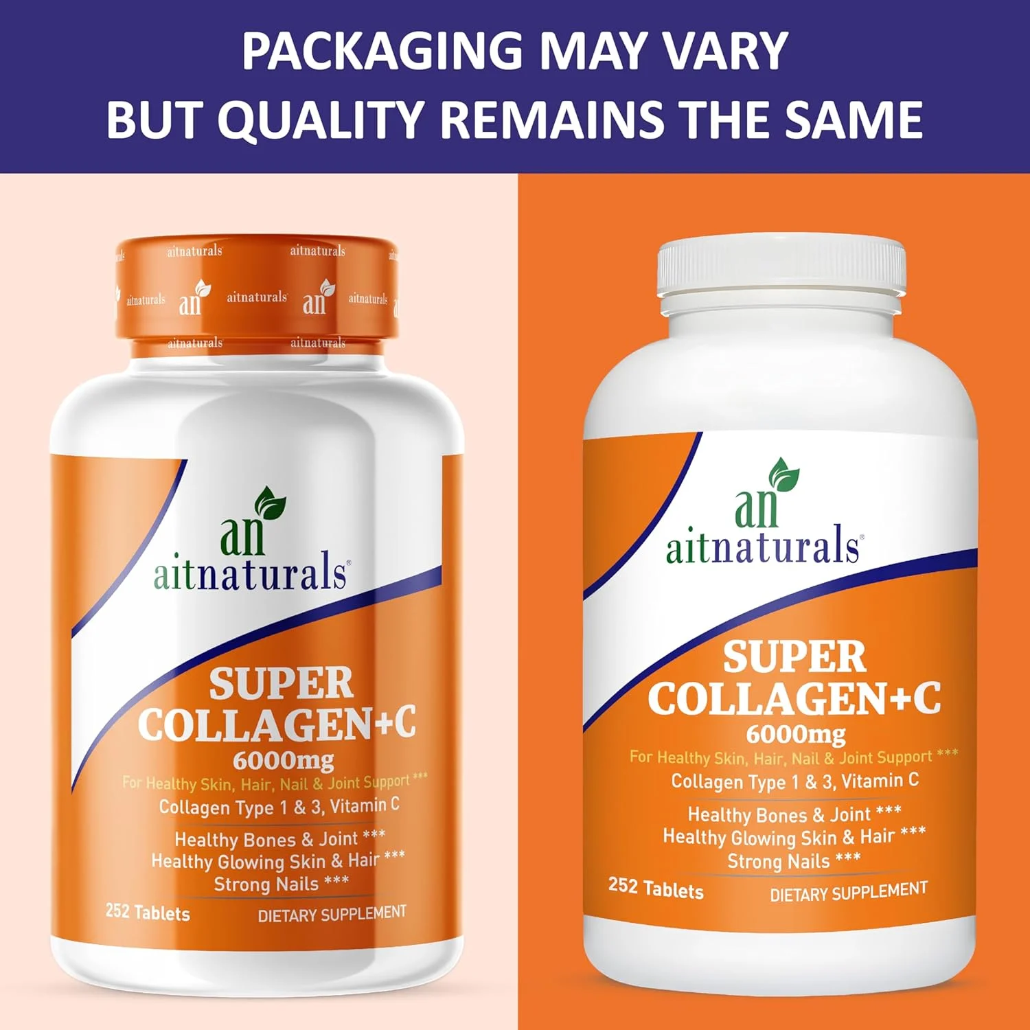 آیت نچرالز سوپر کلاژن با ویتامین C (6000 میلی گرم) - 252 قرص | کلاژن گاوی هیدرولیز شده نوع I و III برای حمایت از مو، پوست، ناخن، استخوان ها و مفاصل | غیر GMO، بدون گلوتن، حلال