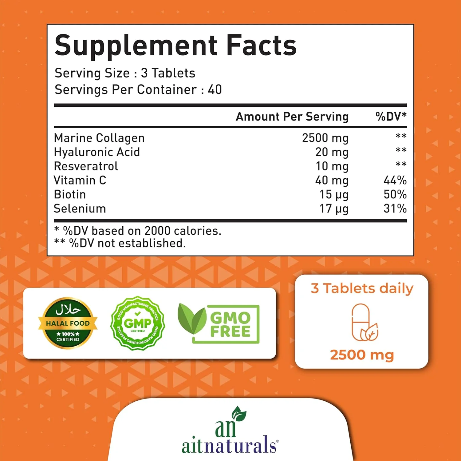 آیت نچرالز کلاژن دریایی 2500 میلی گرم (120 قرص) | غنی شده با اسید هیالورونیک، ویتامین C، بیوتین و سلنیوم | پشتیبانی از سلامت مو، استحکام پوست، ناخن ها و مفاصل قوی تر | غیر GMO، بدون گلوتن آیت نچرالز کلاژن دریایی 2500 میلی گرم (120 قرص) | غنی شده با اسید هیالورونیک، ویتامین C، بیوتین و سلنیوم | پشتیبانی از سلامت مو، استحکام پوست، ناخن ها و مفاصل قوی تر | غیر GMO، بدون گلوتن