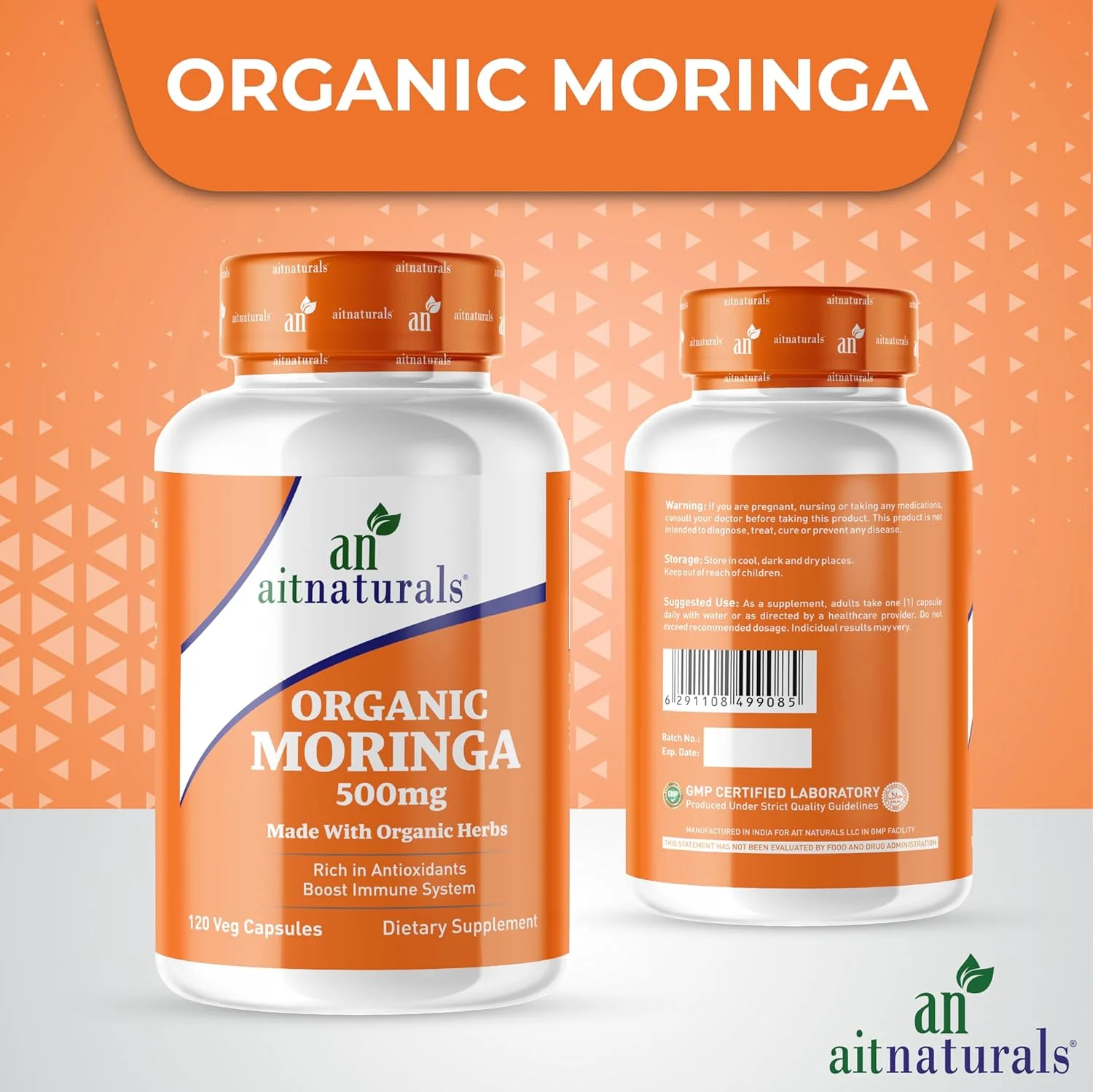 مورینگا ارگانیک Aitnaturals - 500 میلی گرم (120 کپسول)، فرمول غنی آنتی اکسیدانی، تقویت ایمنی و هضم، بهبود خواب، سلامت چشم، پوست و مو، تحرک | غیر GMO