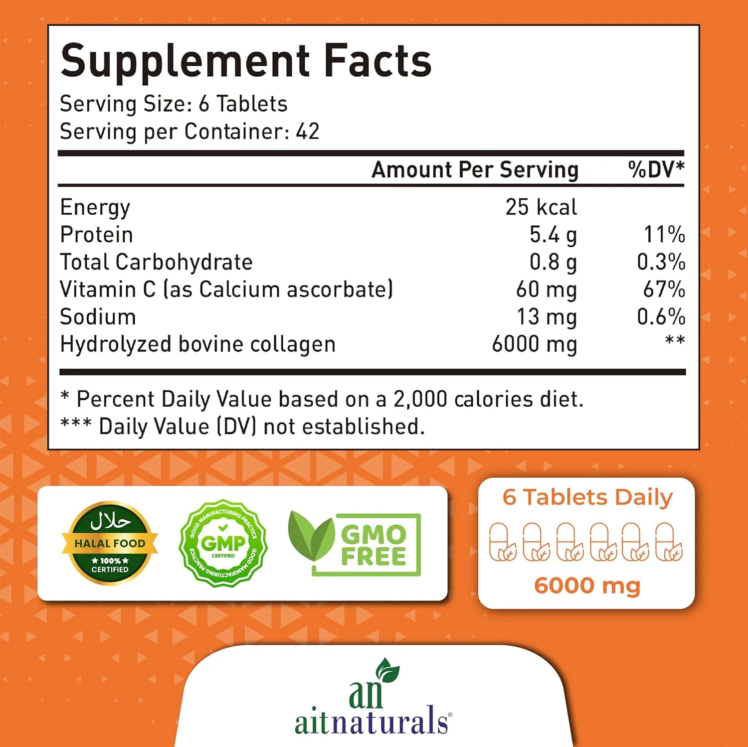 آیت نچرالز سوپر کلاژن با ویتامین C (6000 میلی گرم) - 252 قرص | کلاژن گاوی هیدرولیز شده نوع I و III برای حمایت از مو، پوست، ناخن، استخوان ها و مفاصل | غیر GMO، بدون گلوتن، حلال