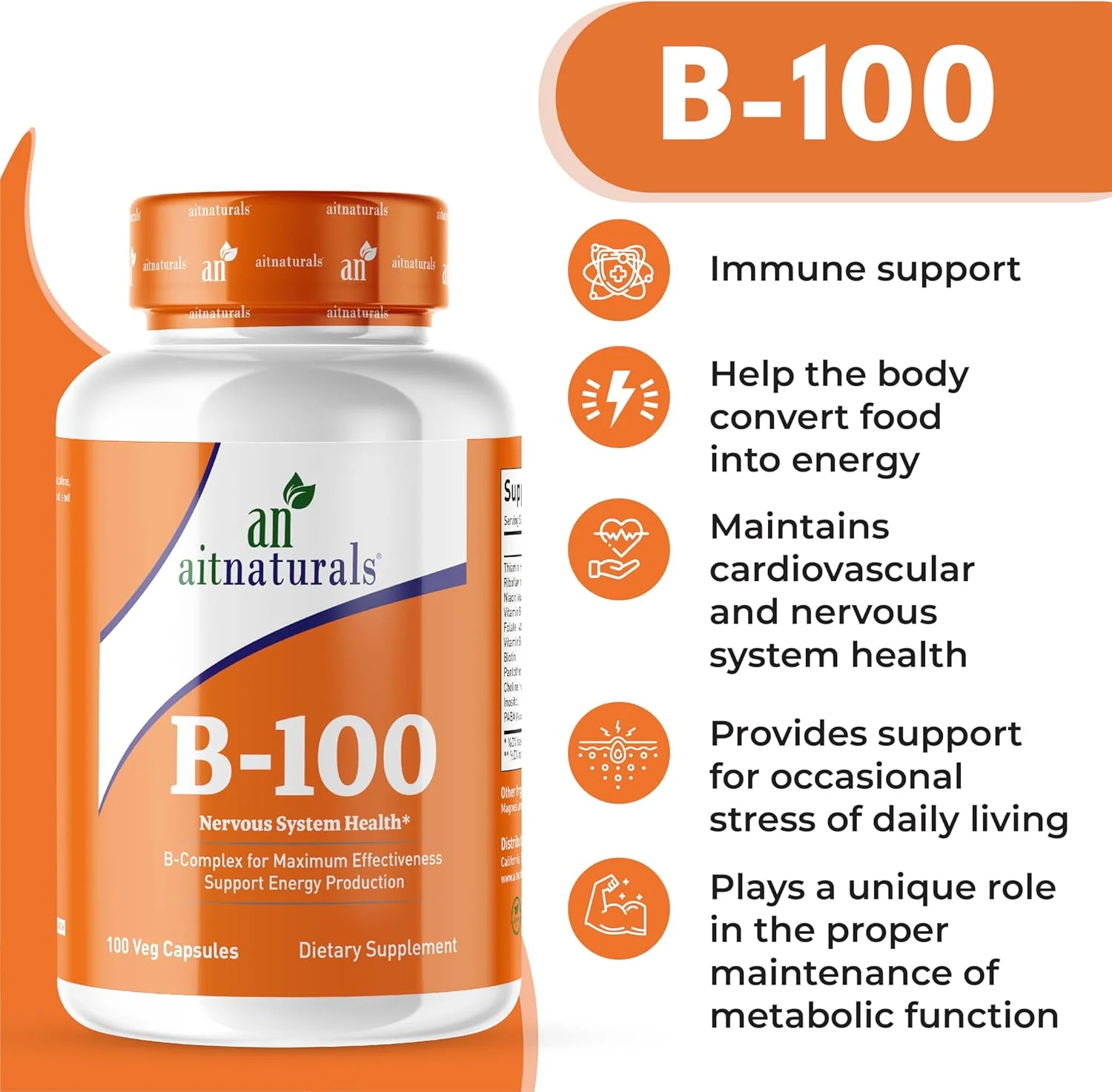 آیت نچرالز ویتامین B-100 (100 کپسول) | کمپلکس غنی شده B (B1، B2، B3، B5، B6، B7، B9 و B12) برای تولید انرژی، خلق و خو و نشاط، پشتیبانی از سیستم ایمنی، مو، پوست، ناخن های سالم و عملکرد شناختی آیت نچرالز ویتامین B-100 (100 کپسول) | کمپلکس غنی شده B (B1، B2، B3، B5، B6، B7، B9 و B12) برای تولید انرژی، خلق و خو و نشاط، پشتیبانی از سیستم ایمنی، مو، پوست، ناخن های سالم و عملکرد شناختی