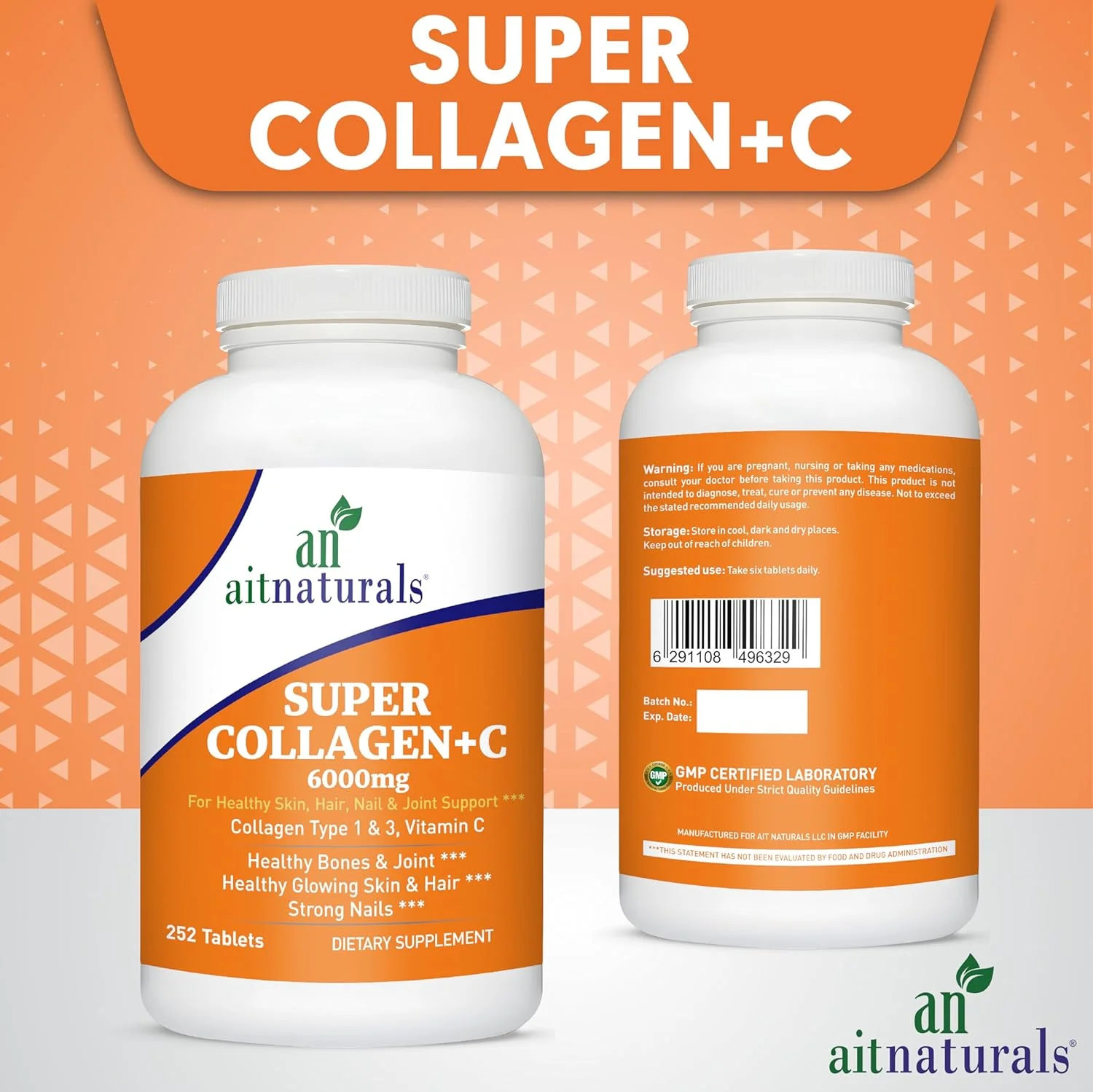 آیت نچرالز سوپر کلاژن با ویتامین C (6000 میلی گرم) - 252 قرص | کلاژن گاوی هیدرولیز شده نوع I و III برای حمایت از مو، پوست، ناخن، استخوان ها و مفاصل | غیر GMO، بدون گلوتن، حلال