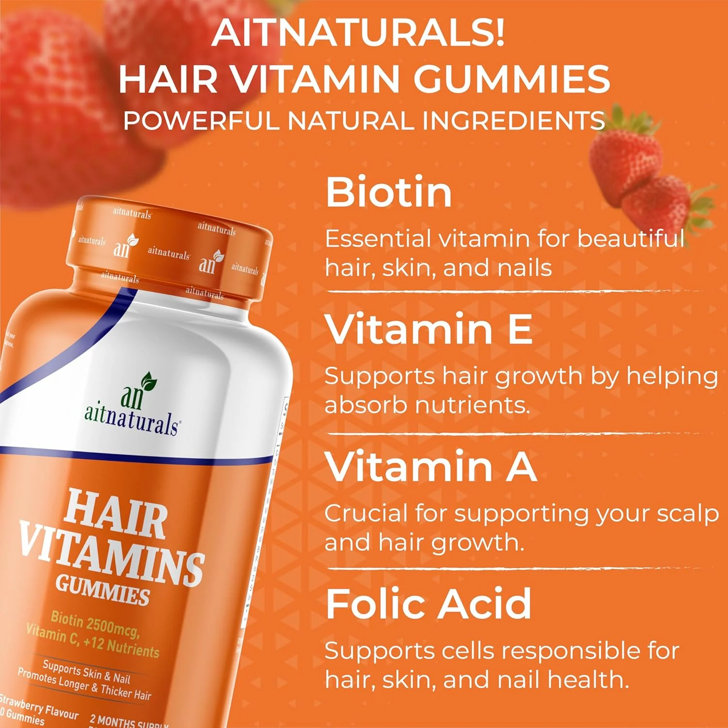 آیت نچرالز ویتامین مو 60 پاستیلی (توت فرنگی) حاوی ویتامین C، بیوتین و اسید فولیک، پشتیبانی از سلامت مو، ناخن و پوست، محافظت از فولیکول های مو و کاهش شکستگی | مولتی ویتامین برای رشد مو آیت نچرالز ویتامین مو 60 پاستیلی (توت فرنگی) حاوی ویتامین C، بیوتین و اسید فولیک، پشتیبانی از سلامت مو، ناخن و پوست، محافظت از فولیکول های مو و کاهش شکستگی | مولتی ویتامین برای رشد مو