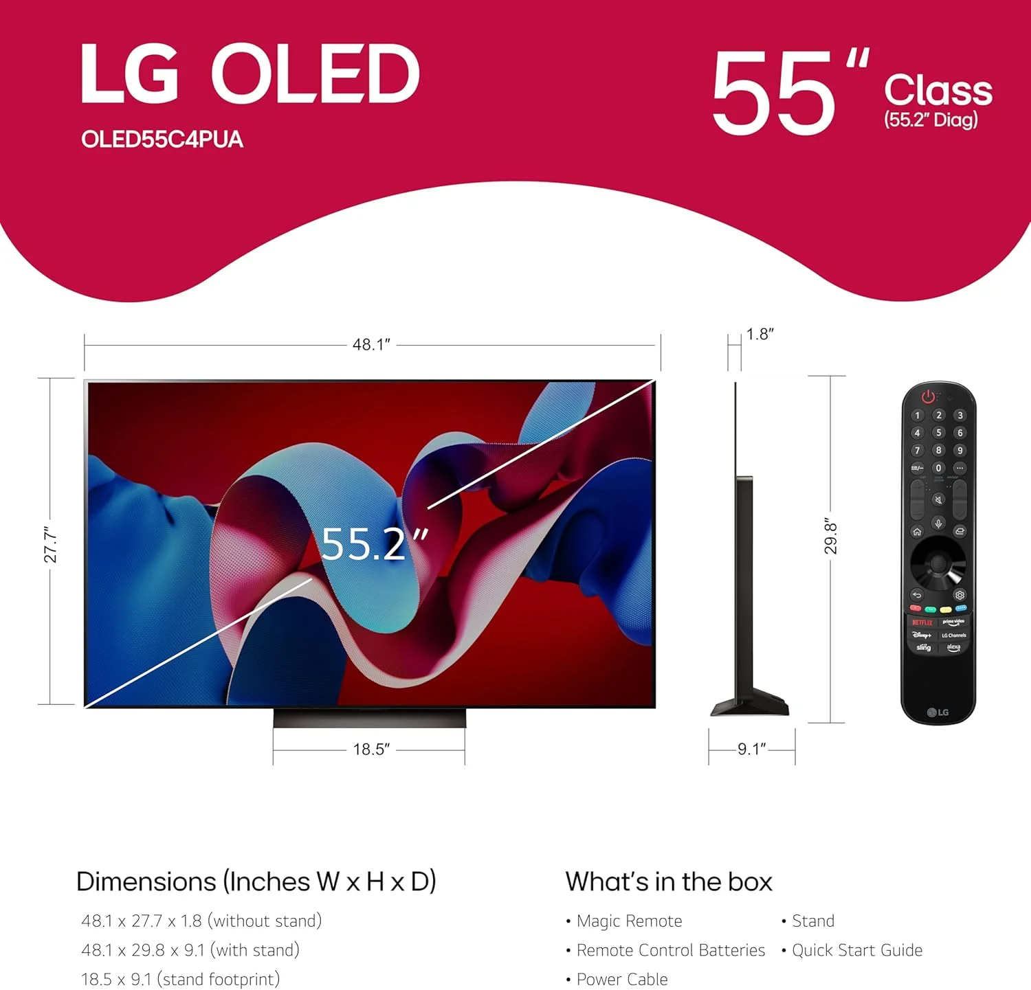تلویزیون هوشمند 55 اینچی LG OLED evo C4 سری 4K با پردازنده و صفحه تخت به همراه ریموت جادویی مجهز به هوش مصنوعی و Alexa (مدل OLED55C4PUA, 2024)