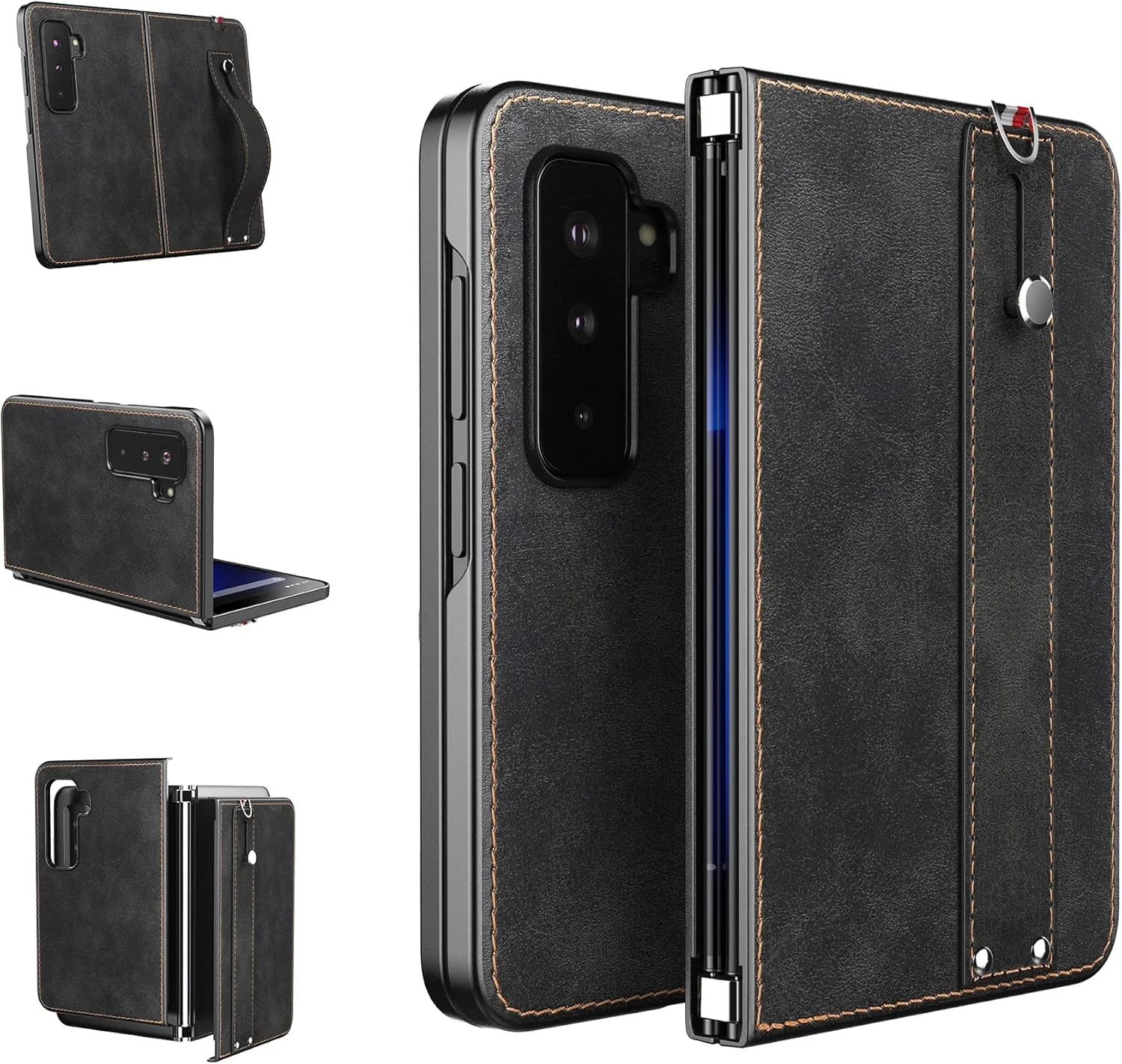 کاور چرمی Foluu برای Microsoft Surface Duo 2، کاور چرمی Surface Duo 2 با بند دستی، [باریک و سبک] کاور پشتی چرمی PU با نگهدارنده PC سخت محافظ تلفن برای Microsoft Surface Duo 2 (مشکی)