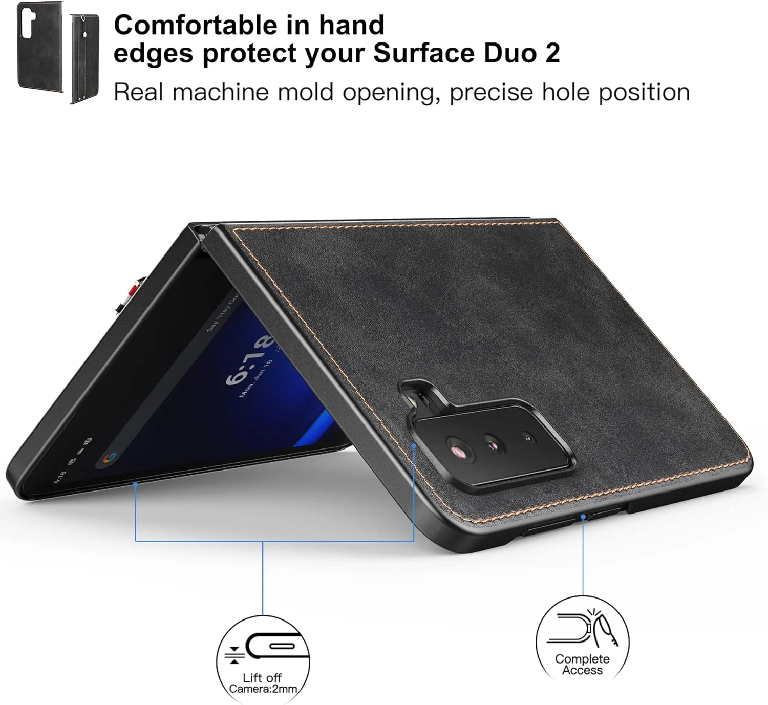 کاور چرمی Foluu برای Microsoft Surface Duo 2، کاور چرمی Surface Duo 2 با بند دستی، [باریک و سبک] کاور پشتی چرمی PU با نگهدارنده PC سخت محافظ تلفن برای Microsoft Surface Duo 2 (مشکی)