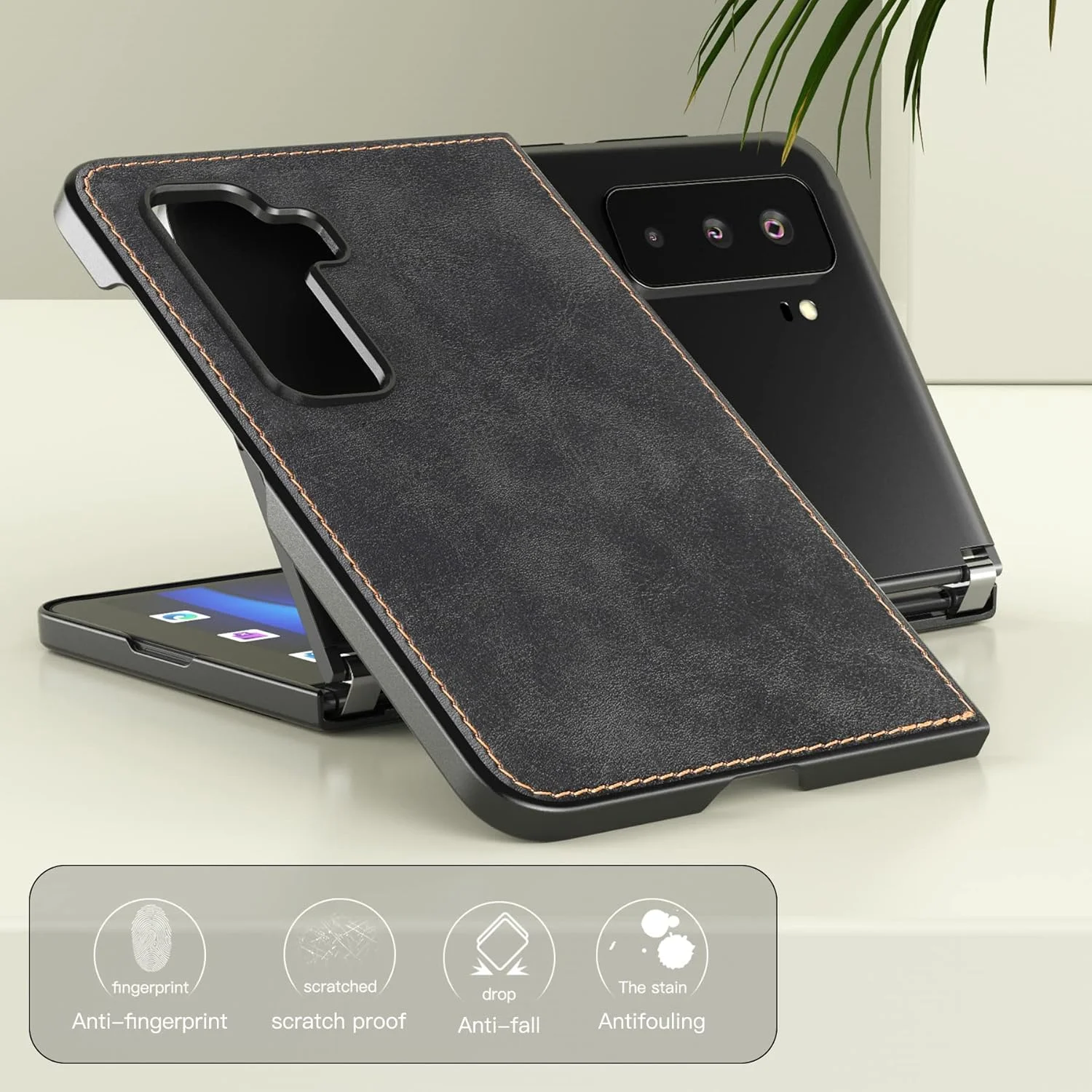 کاور چرمی Foluu برای Microsoft Surface Duo 2، کاور چرمی Surface Duo 2 با بند دستی، [باریک و سبک] کاور پشتی چرمی PU با نگهدارنده PC سخت محافظ تلفن برای Microsoft Surface Duo 2 (مشکی)