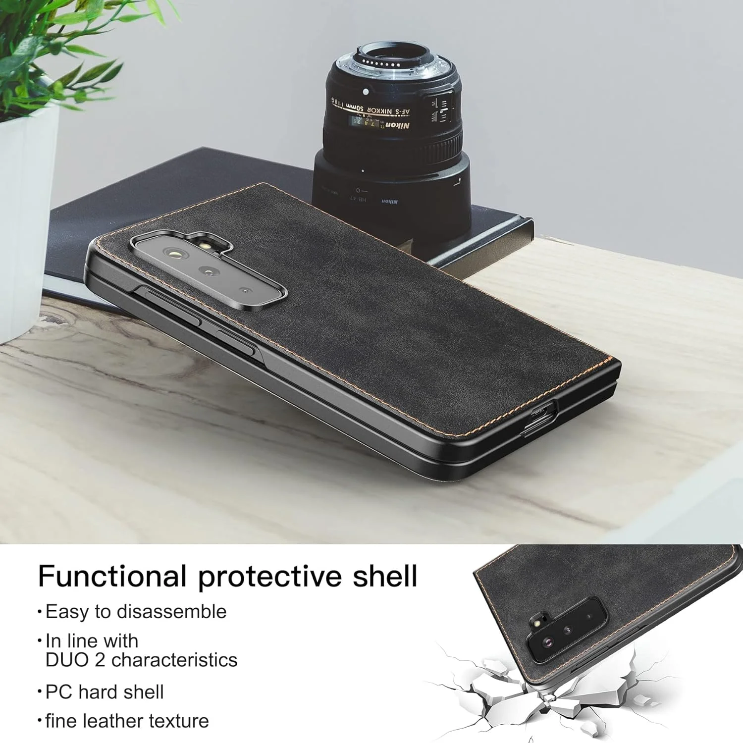 کاور چرمی Foluu برای Microsoft Surface Duo 2، کاور چرمی Surface Duo 2 با بند دستی، [باریک و سبک] کاور پشتی چرمی PU با نگهدارنده PC سخت محافظ تلفن برای Microsoft Surface Duo 2 (مشکی)