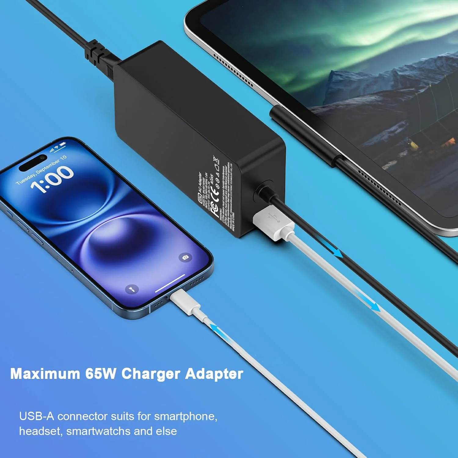 شارژر 65 واتی سازگار با Microsoft Surface Pro 11 10 9 8 7+ 7 6 5 4 3 X Windows Surface Laptop 7 6 5 4 3 2 1 Go 4 3 2 1 Book 3 2 1 آداپتور برق پورت USB شارژ 5V 1A