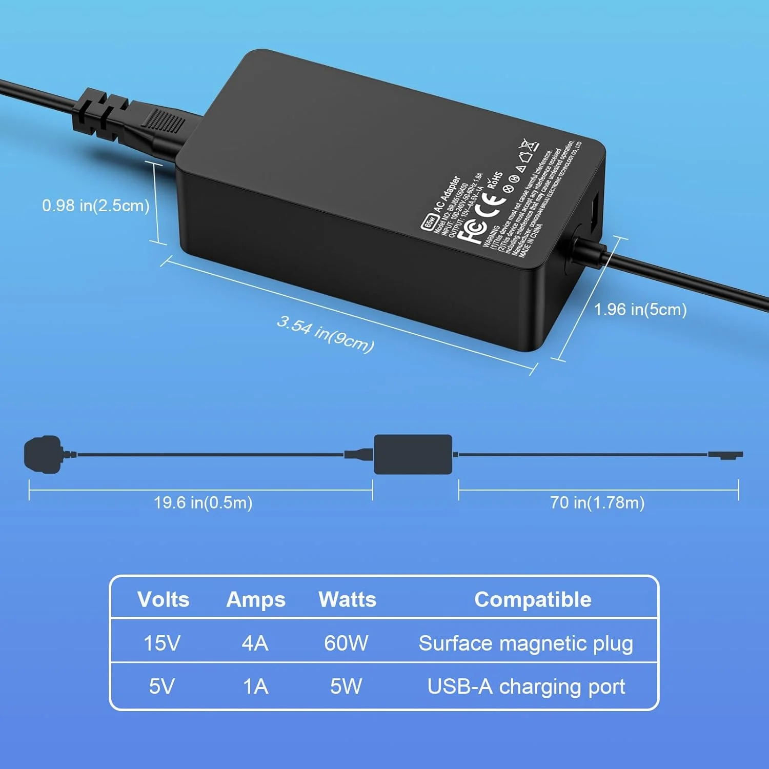 شارژر 65 واتی سازگار با Microsoft Surface Pro 11 10 9 8 7+ 7 6 5 4 3 X Windows Surface Laptop 7 6 5 4 3 2 1 Go 4 3 2 1 Book 3 2 1 آداپتور برق پورت USB شارژ 5V 1A