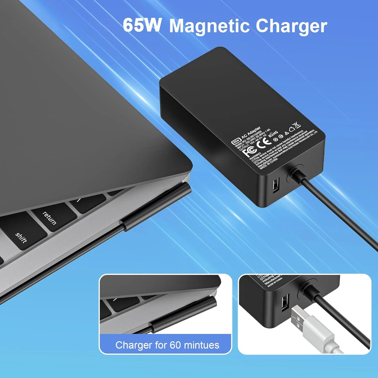 شارژر 65 واتی سازگار با Microsoft Surface Pro 11 10 9 8 7+ 7 6 5 4 3 X Windows Surface Laptop 7 6 5 4 3 2 1 Go 4 3 2 1 Book 3 2 1 آداپتور برق پورت USB شارژ 5V 1A