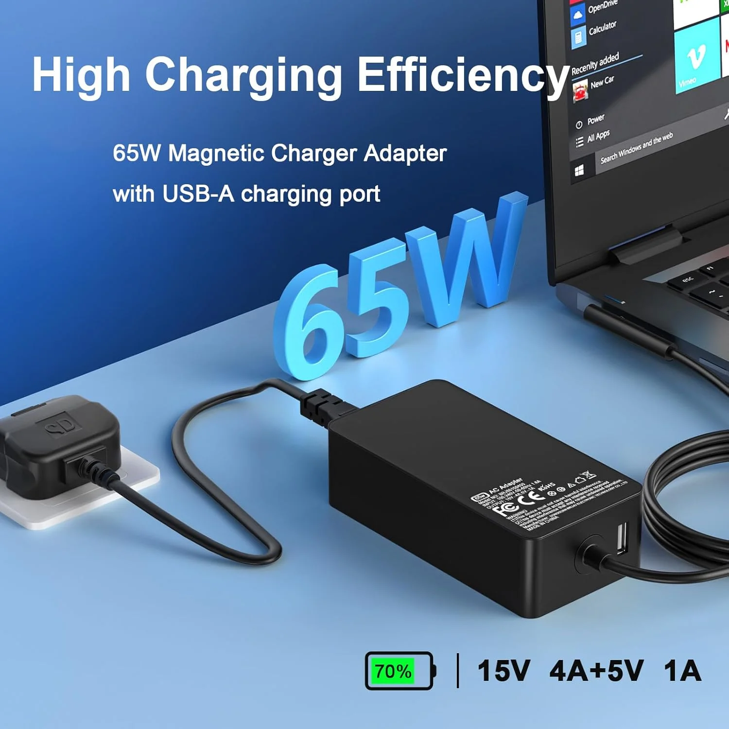 شارژر 65 واتی سازگار با Microsoft Surface Pro 11 10 9 8 7+ 7 6 5 4 3 X Windows Surface Laptop 7 6 5 4 3 2 1 Go 4 3 2 1 Book 3 2 1 آداپتور برق پورت USB شارژ 5V 1A