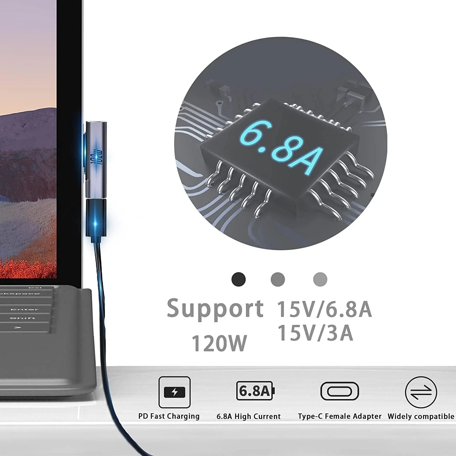 آداپتور تبدیل سرفیس کانکت به Type-C مادگی خزنا، شارژر 120W PD 15V-3A/6.8A USB Type-C سازگار با سری Microsoft Surface Pro آداپتور تبدیل سرفیس کانکت به Type-C مادگی خزنا، شارژر 120W PD 15V-3A/6.8A USB Type-C سازگار با سری Microsoft Surface Pro