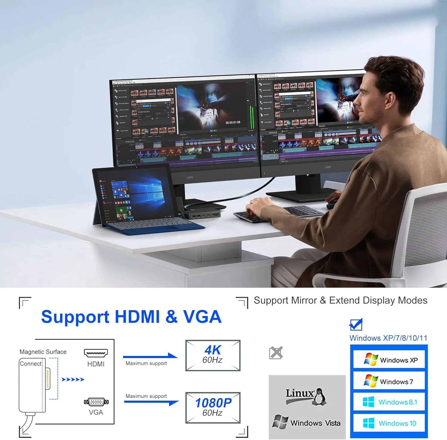 داک استیشن مایکروسافت سرفیس 11 در 1 - خروجی 4K@60Hz HDMI/VGA برای دو مانیتور، سازگار با سرفیس پرو 11/10/9/8/X/7/6/5/4، سرفیس لپ تاپ 7-1، بوک و لپ تاپ گو | شارژ سریع 72 واتی، اترنت، USB-C 5Gbps داک استیشن مایکروسافت سرفیس 11 در 1 - خروجی 4K@60Hz HDMI/VGA برای دو مانیتور، سازگار با سرفیس پرو 11/10/9/8/X/7/6/5/4، سرفیس لپ تاپ 7-1، بوک و لپ تاپ گو | شارژ سریع 72 واتی، اترنت، USB-C 5Gbps