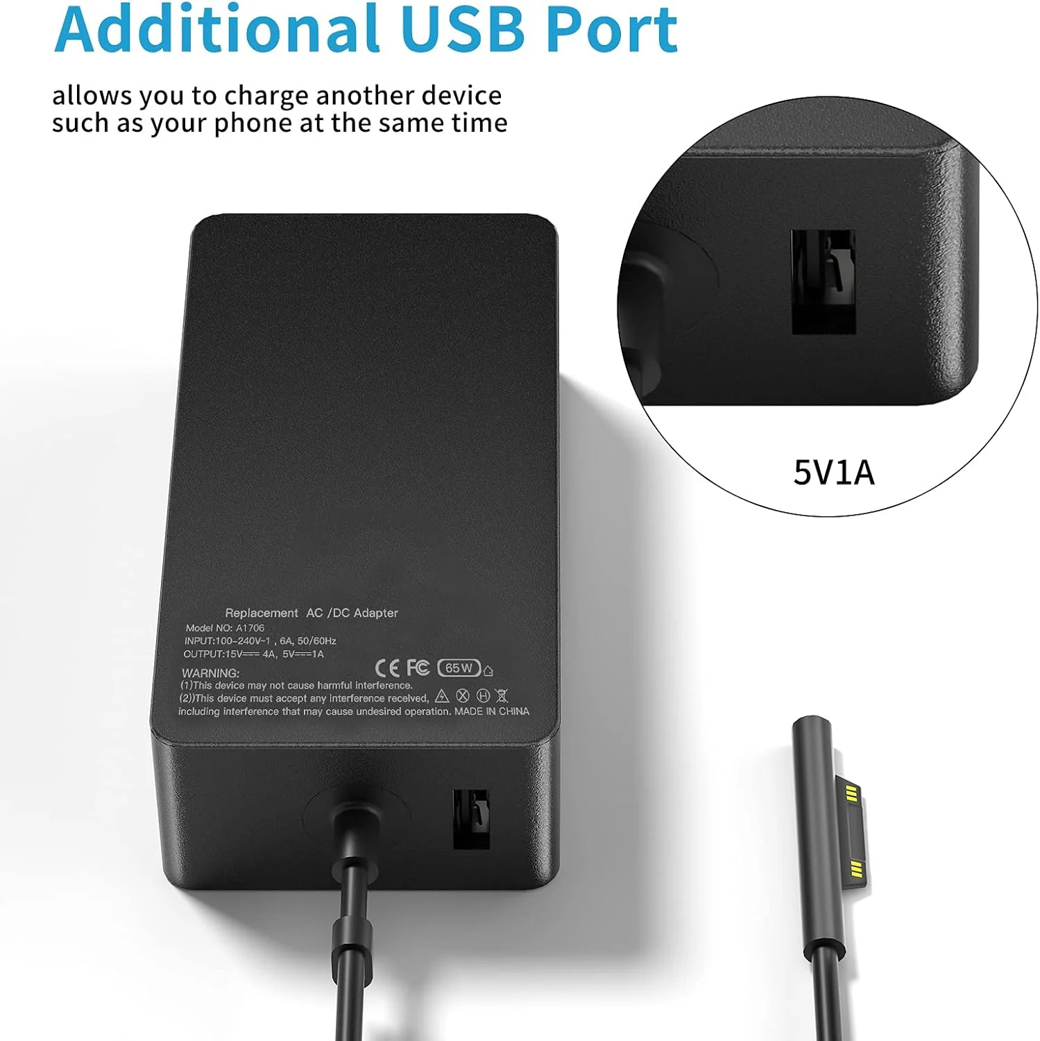آداپتور شارژر 65 وات 15 ولت 4 آمپر Runpower مناسب برای تبلت Microsoft Model 1706 با سیم 6 فوتی و پورت USB آداپتور شارژر 65 وات 15 ولت 4 آمپر Runpower مناسب برای تبلت Microsoft Model 1706 با سیم 6 فوتی و پورت USB