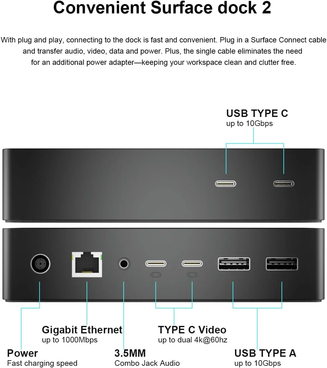 داک استیشن Surface 2 با منبع تغذیه 199 واتی، پورت نمایشگر Type-C 4K*2، انتقال داده USBA*2/Type C*2، اترنت 1G، سازگار با لپ تاپ Surface، Surface Go، Pro 9/8، Book 3/2 داک استیشن Surface 2 با منبع تغذیه 199 واتی، پورت نمایشگر Type-C 4K*2، انتقال داده USBA*2/Type C*2، اترنت 1G، سازگار با لپ تاپ Surface، Surface Go، Pro 9/8، Book 3/2