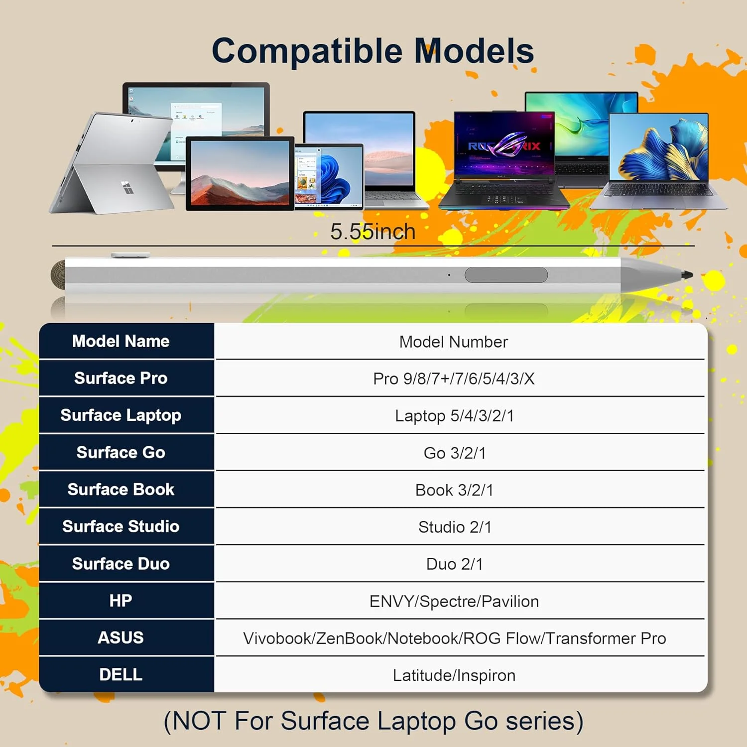 قلم لمسی سرفیس برای Microsoft Surface Pro 9/8/7/6/5/4/3، Surface Go 3/2/1 Surface Laptop/Studio/Book 4/3/2/1 با 4096 سطح حساسیت به فشار، قابلیت رد لمس کف دست، لوازم جانبی Microsoft Surface Go