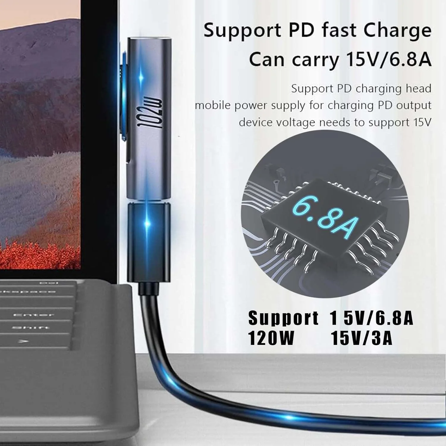 آداپتور تبدیل Microsoft Surface Connect به Type-C مادگی Wisfunlly، کانکتور کابل شارژر 120W PD 15V-3A/6.8A سازگار با Microsoft Surface Pro، Surface Book، Surface Laptop