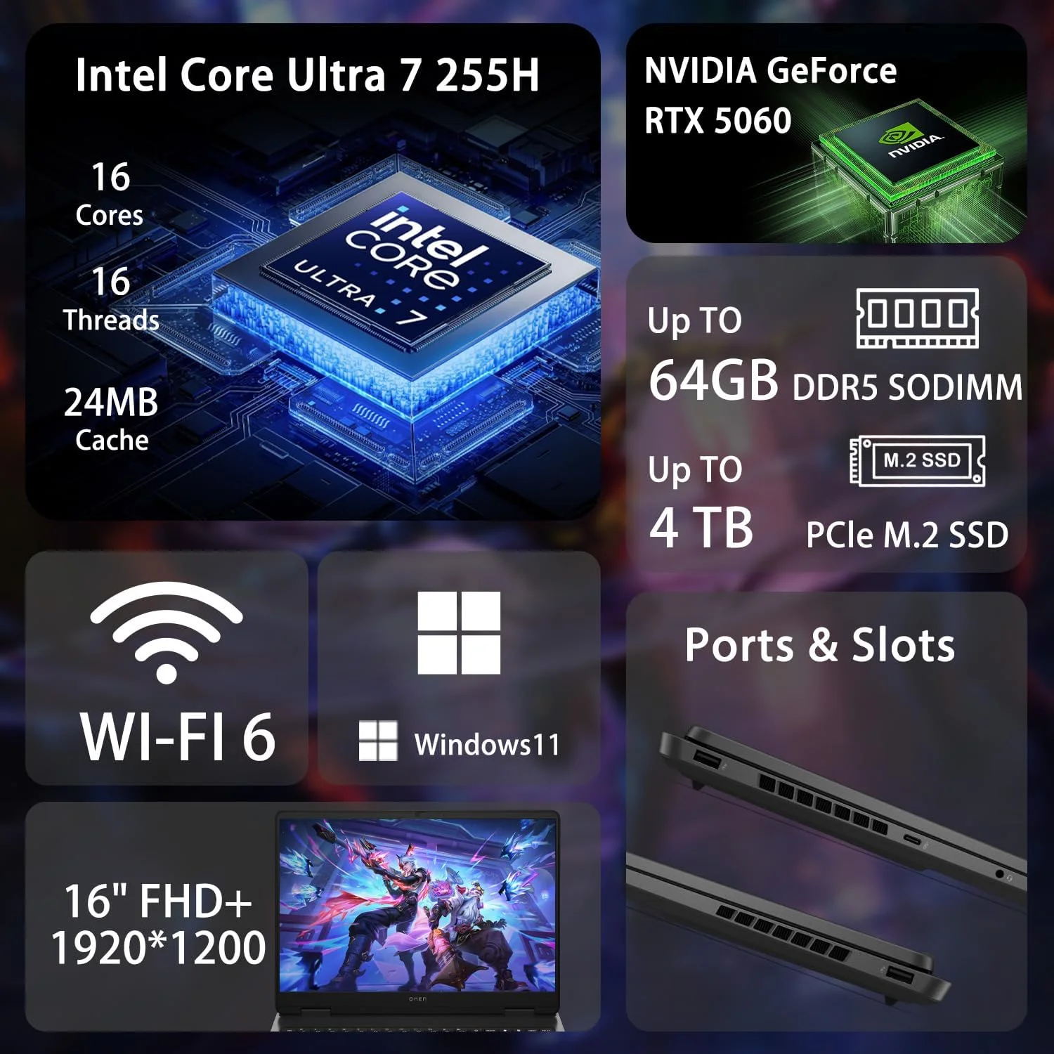 لپ تاپ گیمینگ فوق باریک HP OMEN 16 RTX 5060 2025 AI، صفحه نمایش 16 اینچی FHD+ 144Hz، پردازنده Intel Ultra 7 255H (بهتر از Intel i7-14700)، رم 32 گیگابایتی DDR5، حافظه SSD 1 ترابایتی، کیبورد با نور پس زمینه RGB، ویندوز 11 هوم، همراه با خنک کننده لپ تاپ PCO