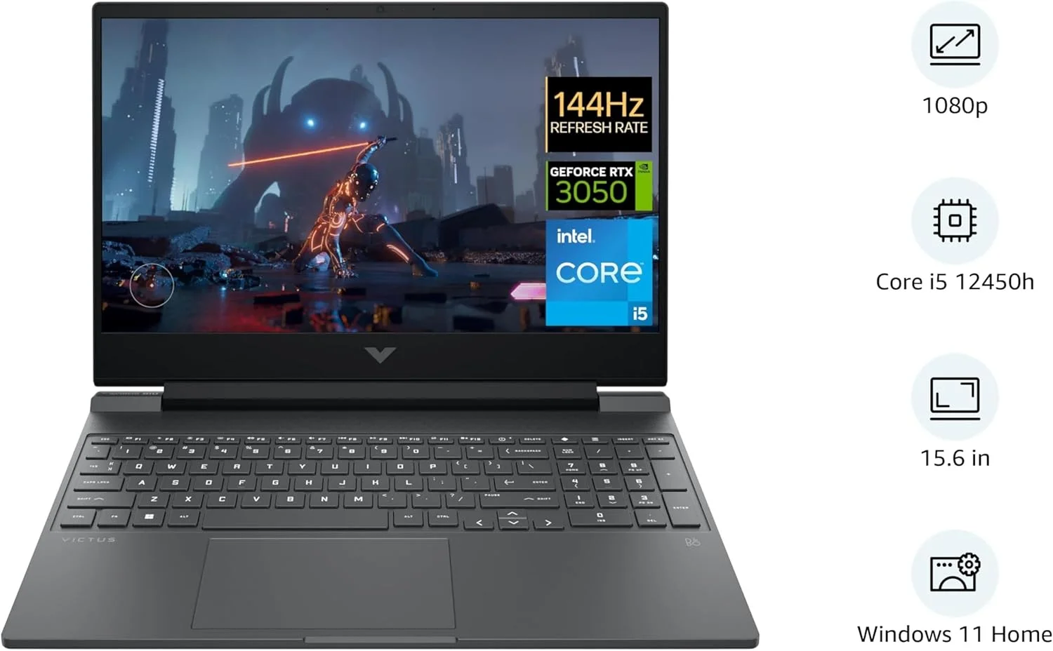 لپ تاپ گیمینگ HP Victus 15-fa0093ne، صفحه نمایش 15.6 اینچی FHD 144 هرتز، پردازنده نسل دوازدهم Intel® Core™ i5-12450H، رم 16 گیگابایتی DDR4، حافظه SSD 512 گیگابایتی، کارت گرافیک 4 گیگابایتی NVIDIA® GeForce RTX™ 3050، صفحه کلید En/Ar، ویندوز 11، نقره ای میکا [822T7EA]