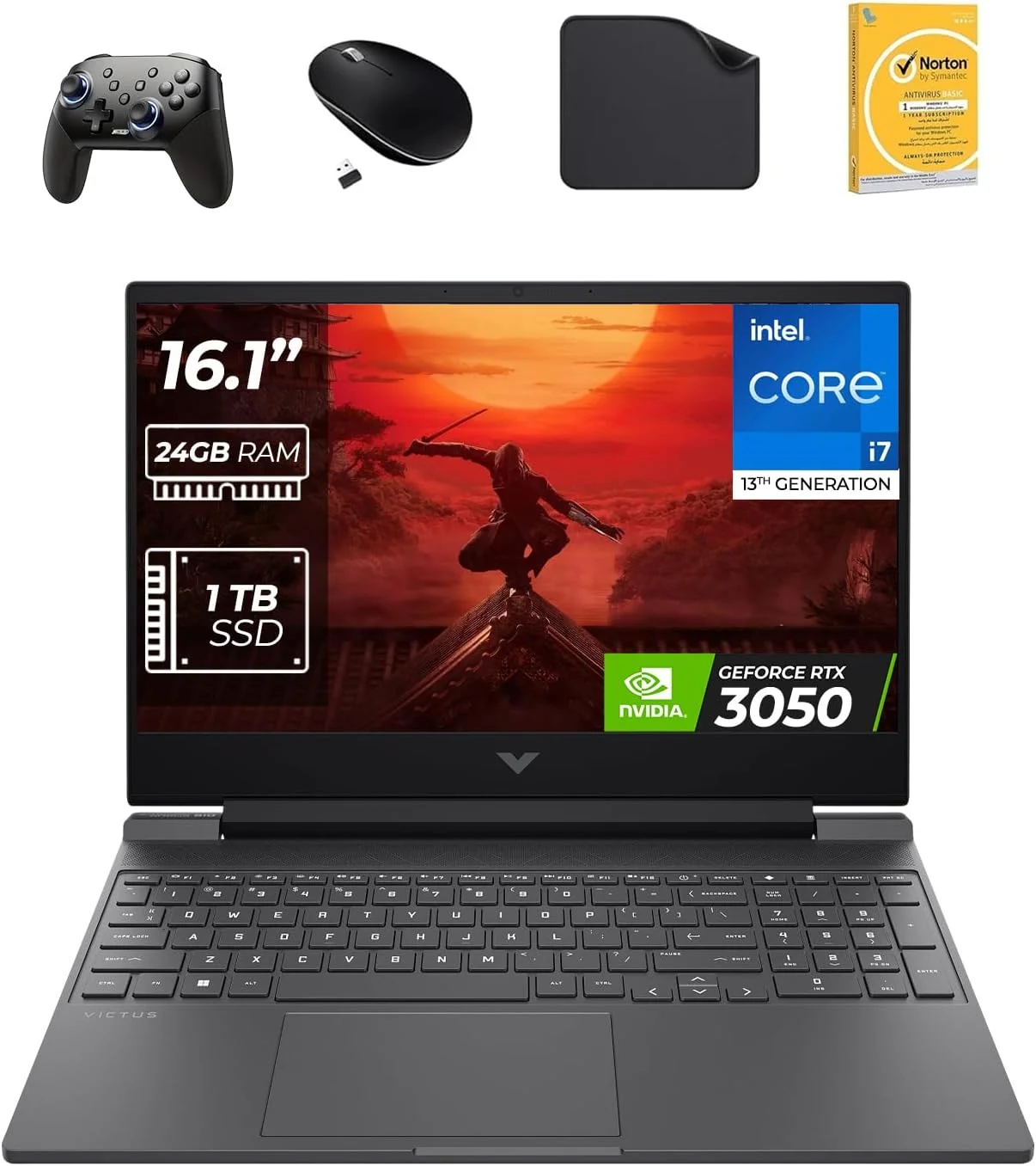 لپ تاپ گیمینگ 16.1 اینچی اچ پی Victus - پردازنده نسل سیزدهم Intel i7-13700H، گرافیک RTX 3050 6GB، رم 24GB DDR5، حافظه SSD 1TB، ویندوز 11 پرو (شامل دسته بازی + ماوس + پد ماوس + آنتی ویروس) 16-R0053NIA