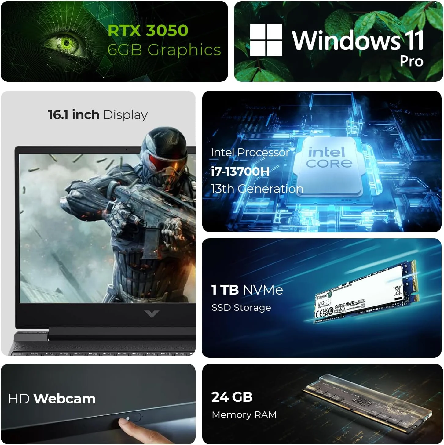 لپ تاپ گیمینگ 16.1 اینچی اچ پی Victus - پردازنده نسل سیزدهم Intel i7-13700H، گرافیک RTX 3050 6GB، رم 24GB DDR5، حافظه SSD 1TB، ویندوز 11 پرو (شامل دسته بازی + ماوس + پد ماوس + آنتی ویروس) 16-R0053NIA