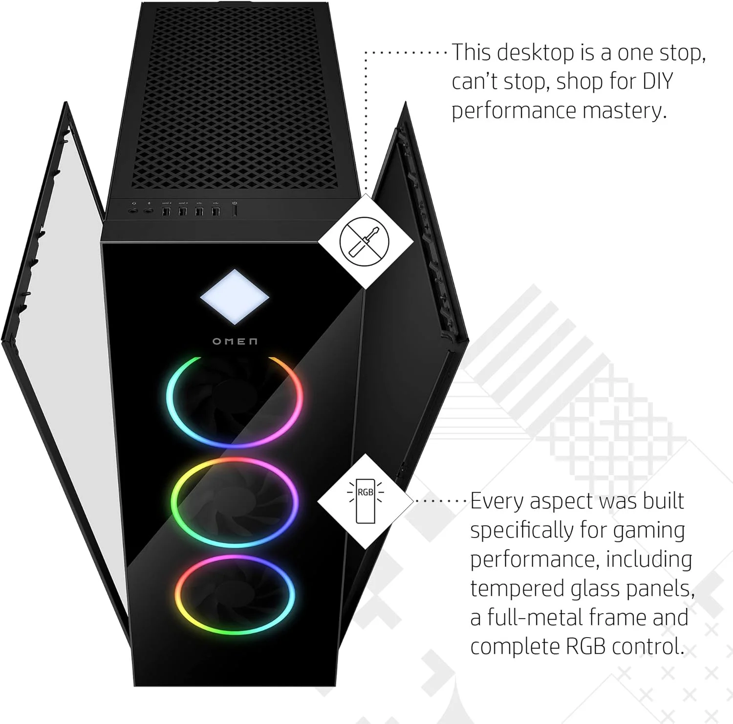 کامپیوتر رومیزی گیمینگ HP OMEN 45L، AMD Ryzen 9 7900X، رم 64 گیگابایتی، درایو حالت جامد 2 ترابایتی، کارت گرافیک NVIDIA GeForce RTX 4090، ویندوز 11 پرو، GT22-1190 (2023)