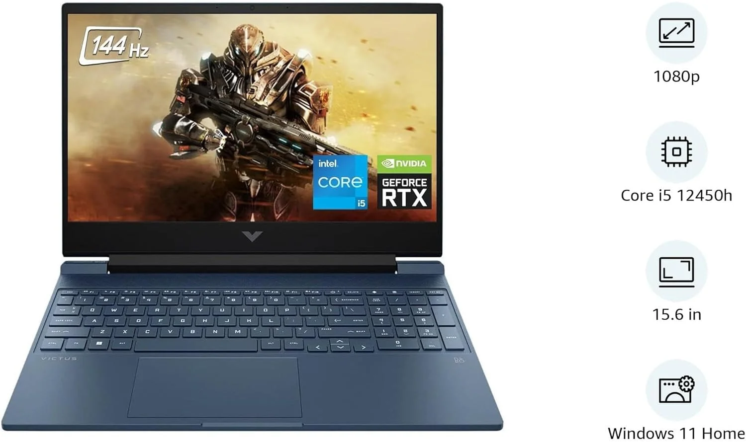 لپ تاپ گیمینگ 15.6 اینچی HP Victus با کیفیت Full HD و نرخ 144 هرتز - پردازنده نسل دوازدهم Intel Core i5-12450H - حافظه 16 گیگابایتی - کارت گرافیک NVIDIA GeForce RTX 3050 - حافظه SSD یک ترابایتی - کیبورد با نور پس زمینه - ویندوز 11 - آبی