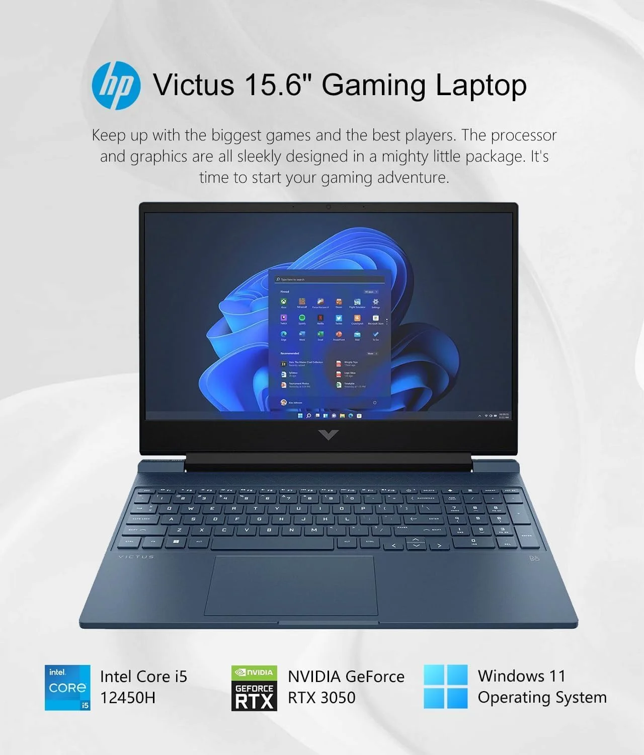 لپ تاپ گیمینگ 15.6 اینچی HP Victus با کیفیت Full HD و نرخ 144 هرتز - پردازنده نسل دوازدهم Intel Core i5-12450H - حافظه 16 گیگابایتی - کارت گرافیک NVIDIA GeForce RTX 3050 - حافظه SSD یک ترابایتی - کیبورد با نور پس زمینه - ویندوز 11 - آبی