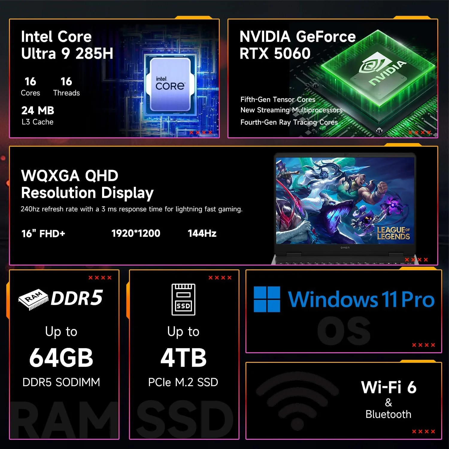 لپ تاپ گیمینگ فوق باریک HP OMEN 16 RTX 5060 مدل 2025 Pro، صفحه نمایش 16 اینچی FHD+ 144Hz، پردازنده Intel Ultra 9 285H (برتر از Intel i9-14900)، کارت گرافیک NVIDIA RTX 5060، رم 64GB DDR5، حافظه SSD 2TB، به همراه کوله پشتی Thunderobot 17.3 Gen 4
