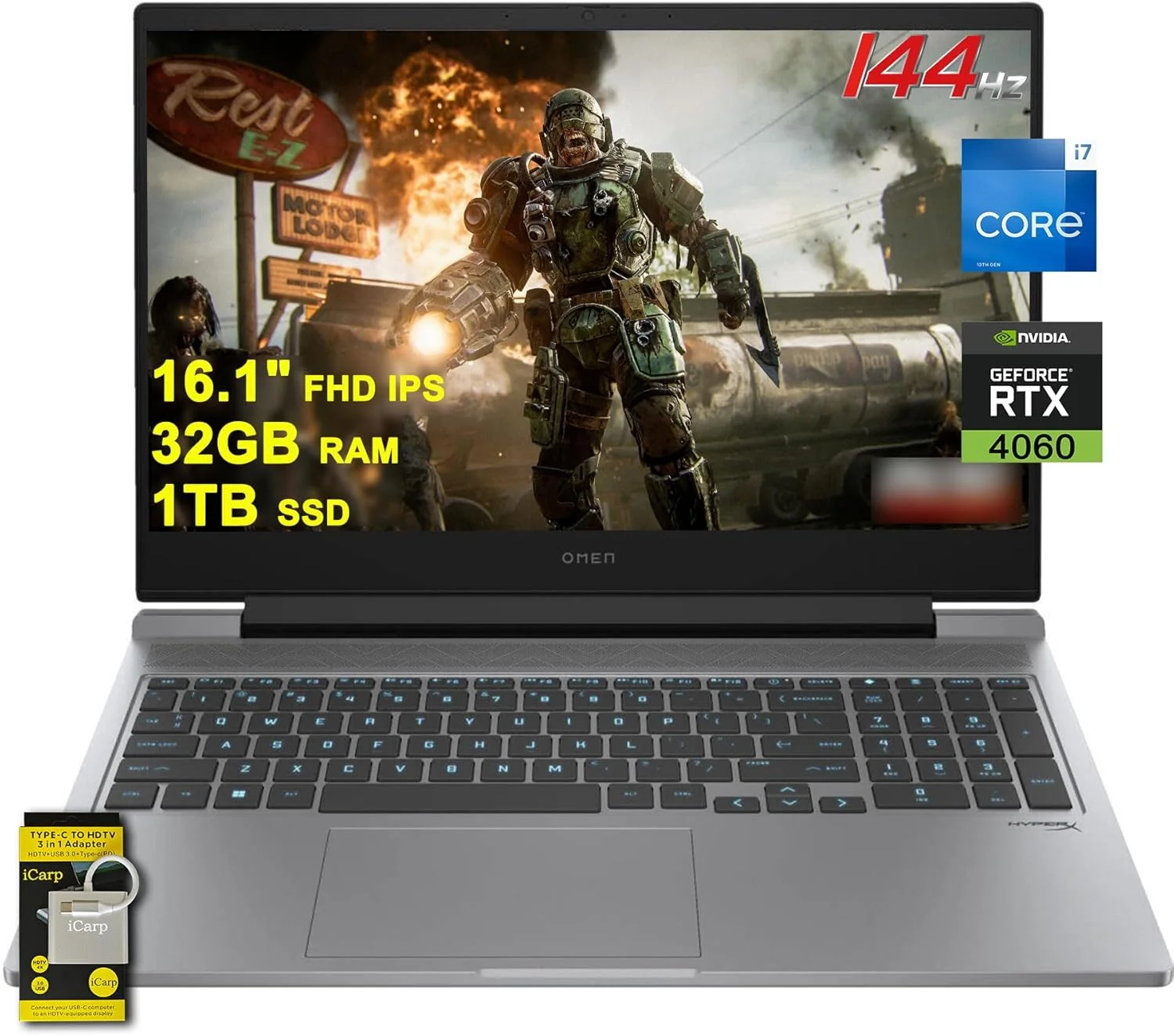 لپ تاپ گیمینگ HP Omen 16 با صفحه نمایش 16.1 اینچی FHD IPS 144Hz، پردازنده 16 هسته ای Intel i7-14650HX (بهتر از i9-13900HX)، رم 32 گیگابایتی، حافظه SSD 1 ترابایتی، کارت گرافیک GeForce RTX 4060، نور پس زمینه RGB، درگاه Thunderbolt، دوربین حریم خصوصی FHD، شارژ سریع و ویندوز 11 به همراه لوازم جانبی ICP
