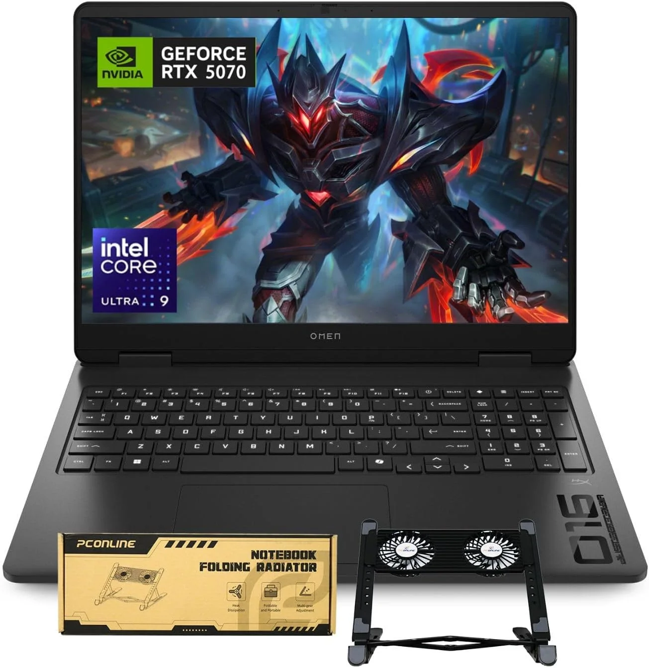 لپ تاپ گیمینگ فوق باریک HP OMEN RTX 5070، صفحه نمایش 16 اینچی WQXGA 240Hz، پردازنده Intel Ultra 9 285H (بهتر از Intel i9-14900)، کارت گرافیک NVIDIA RTX 5070، رم 32 گیگابایتی DDR5، حافظه SSD 1 ترابایتی، کیبورد با نور پس زمینه، همراه با کول پد لپ تاپ PCO