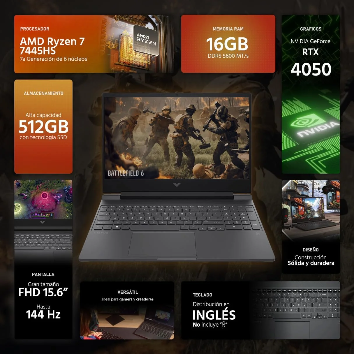 لپ تاپ گیمینگ HP Victus 15.6 اینچی FHD LED 144 هرتز - نقره ای میکا - AMD Ryzen 7 7445HS (تا 4.7 گیگاهرتز) NVIDIA GeForce RTX 4050 6GB GDDR6; 16GB DDR5-5600 RAM; 512GB NVMe M.2 SSD; Wi-Fi 6E; Windows 11 Home